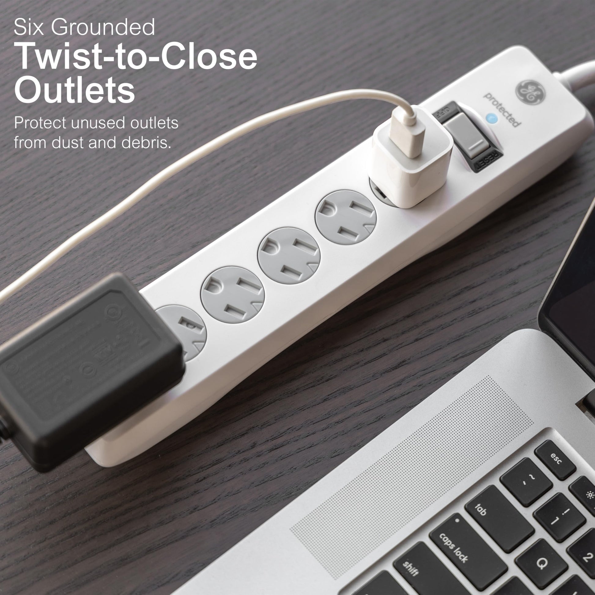 GE Tira Multicontactos De 6 Salidas Con Supresor De Picos Y Enchufe Plano, Cable De Extensión De 3.0 Metros (10 Pies),800 Julios, Cubiertas De Seguridad Con Giro Para Cerrar,Blanco,2 Unidades, 46862-1