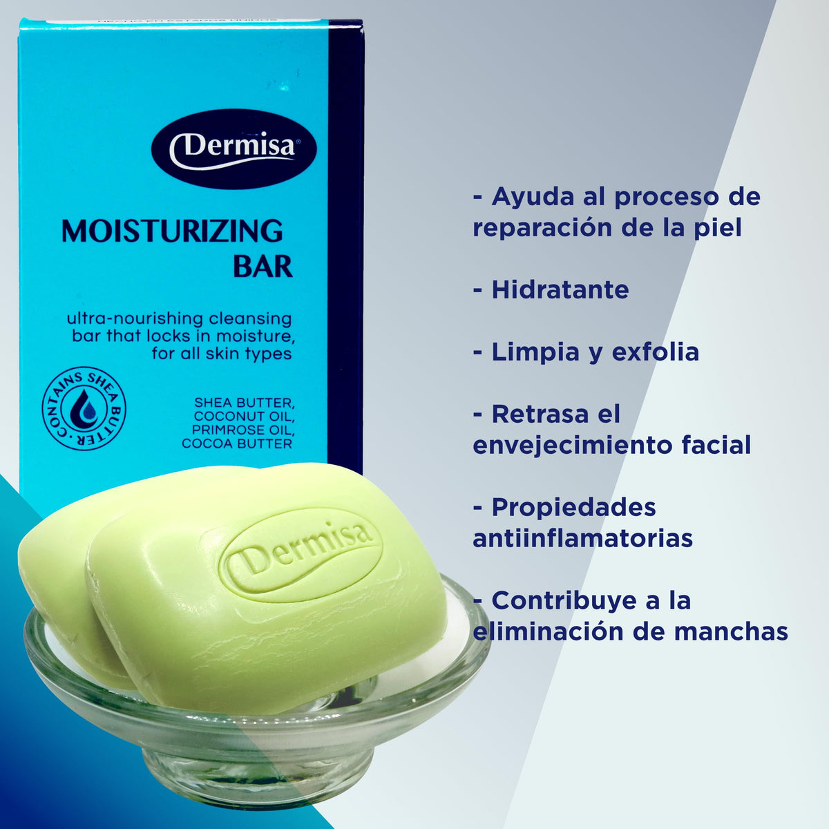 DERMISA BARRA DE JABON HIDRATANTE CON MANTECA DE KARITE Y CACAO, Y ACEITE DE COCO Y DE ONAGRA 85GR 3 PIEZAS
