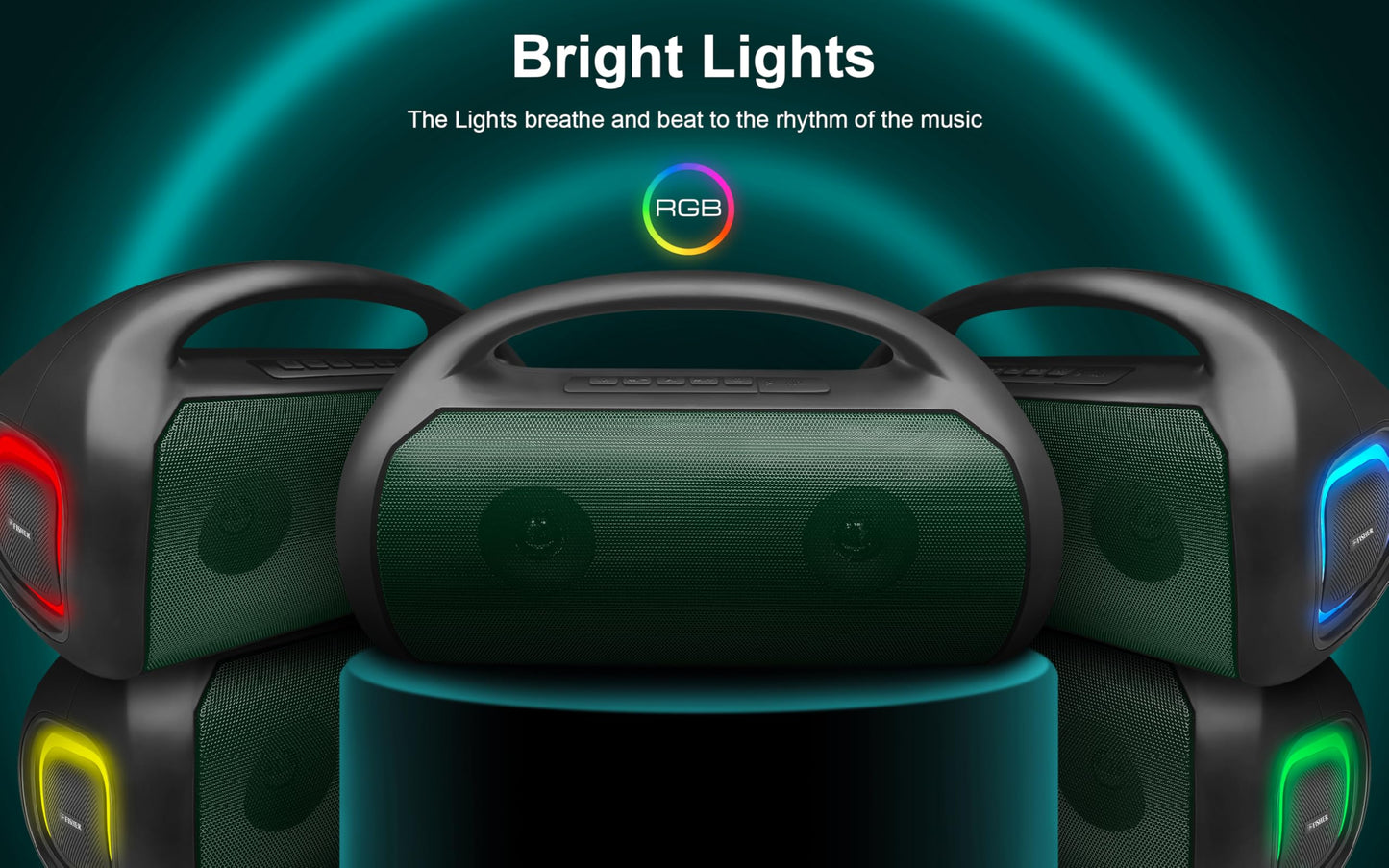 Fisher - Altavoces portátiles Bluetooth - Altavoz inalámbrico portátil con potencia máxima de 20 W, sonido HD, luces RGB, IPX4 resistente al agua, emparejamiento TWS, radio FM, BT 5.3, tiempo de