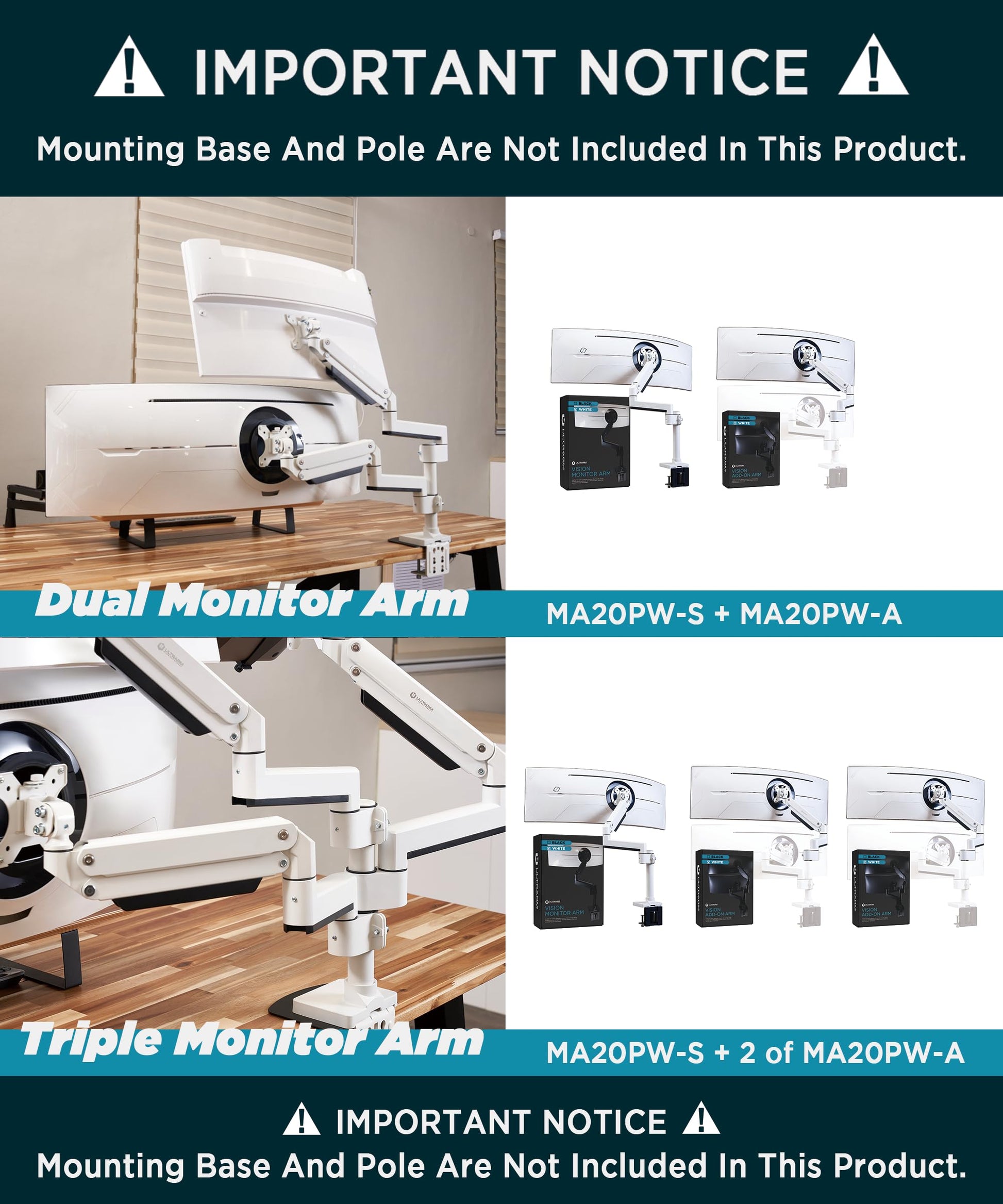 Soporte para Monitor ULTRARM Pesado Extensible Ajustable en Altura para Doble Pantalla de 49” Apilados Verticalmente