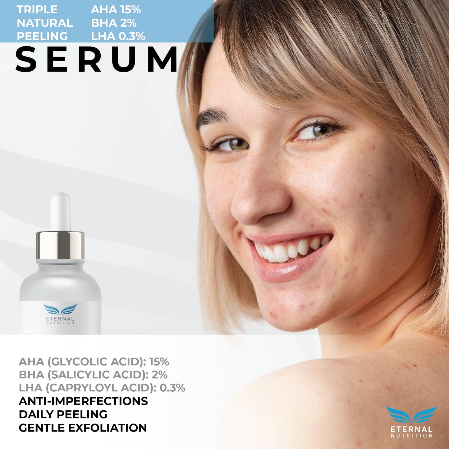 Serum TRIPLE NATURAL PEELING AHA 15%, BHA 2%, LHA 0.3%. 50 ml. Suero Peeling natural concentrado | Ingredientes Naturales | Skin Care | Piel Sana y Joven Uniforme | Textura Ligera | Para Todo Tipo de Piel by ETERNAL NUTRITION