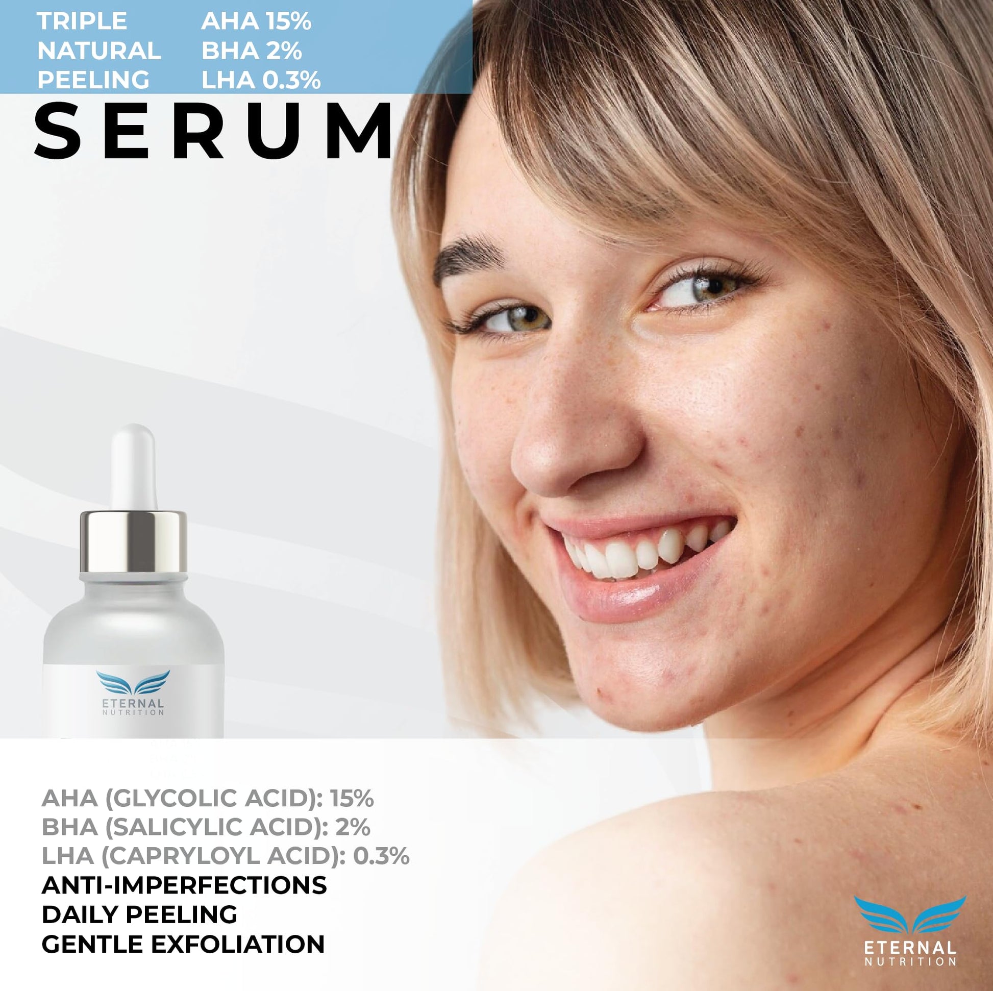Serum TRIPLE NATURAL PEELING AHA 15%, BHA 2%, LHA 0.3%. 50 ml. Suero Peeling natural concentrado | Ingredientes Naturales | Skin Care | Piel Sana y Joven Uniforme | Textura Ligera | Para Todo Tipo de Piel by ETERNAL NUTRITION