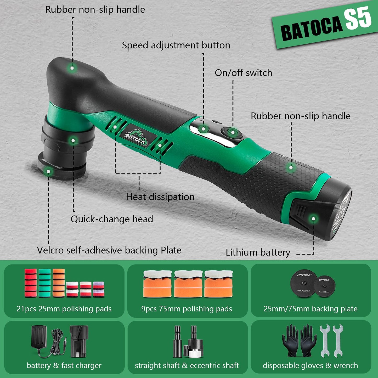 BATOCA S5 - Mini pulidora inalámbrica para coche, doble acción y mini máquina de pulir rotativa, 1 batería de 12 V 2 A con kit de almohadillas para orejas de pulido de 1 pulgada 3 pulgadas para coche