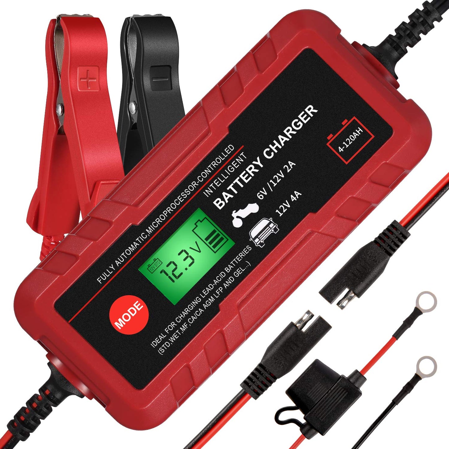 Sailnovo - Cargador de batería inteligente para coche, 6 V, 12 V, cargador de automóvil, totalmente automático, 8 etapas, batería de automóvil, 4 A, cargador de batería inteligente portátil de 6 V, 12