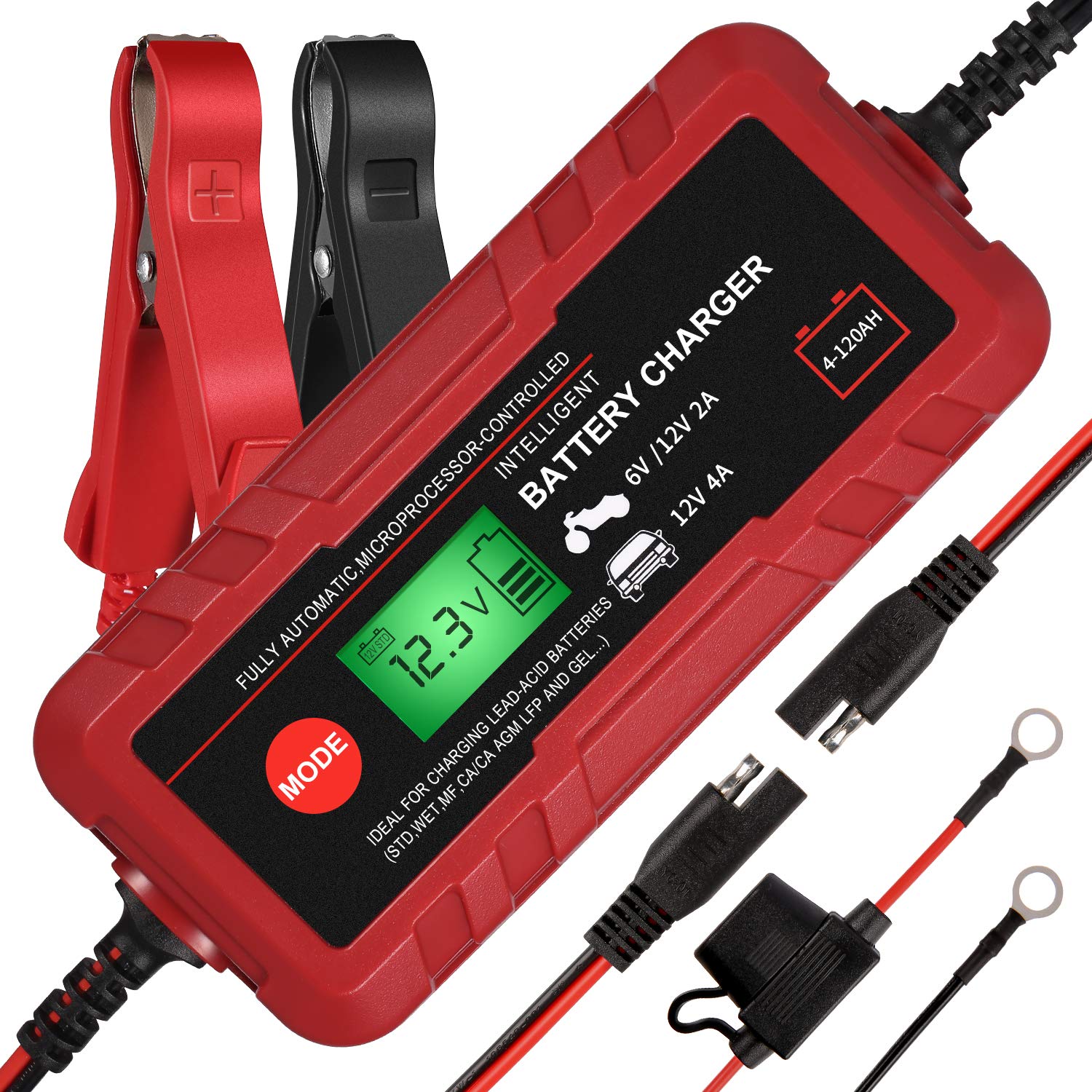 Sailnovo - Cargador de batería inteligente para coche, 6 V, 12 V, cargador de automóvil, totalmente automático, 8 etapas, batería de automóvil, 4 A, cargador de batería inteligente portátil de 6 V, 12