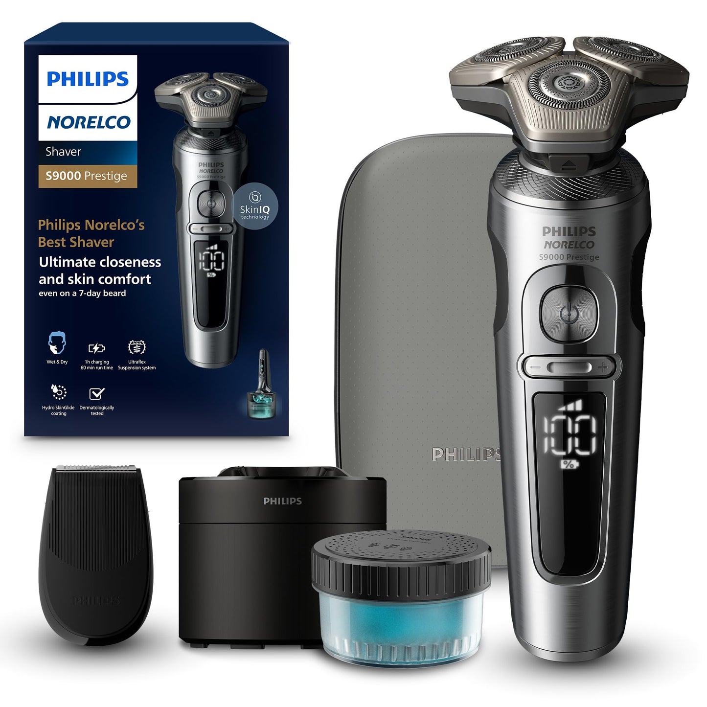 Afeitadora Rotativa Eléctrica Philips Norelco S9000 Prestige Recargable SP9841/84 con Recortadora de Precisión y Estuche Premium