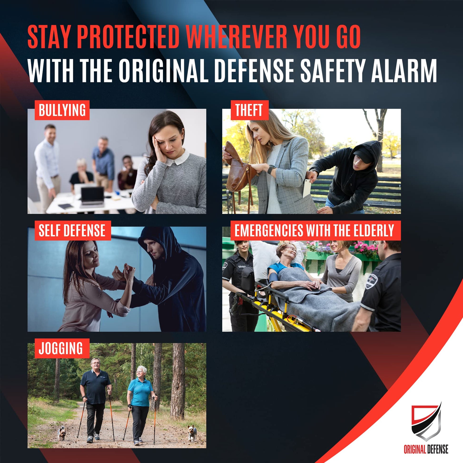 Alarma de Autodefensa Original Defense Negro con Sirena y Luz Estroboscópica para Mujer, Niños y Ancianos