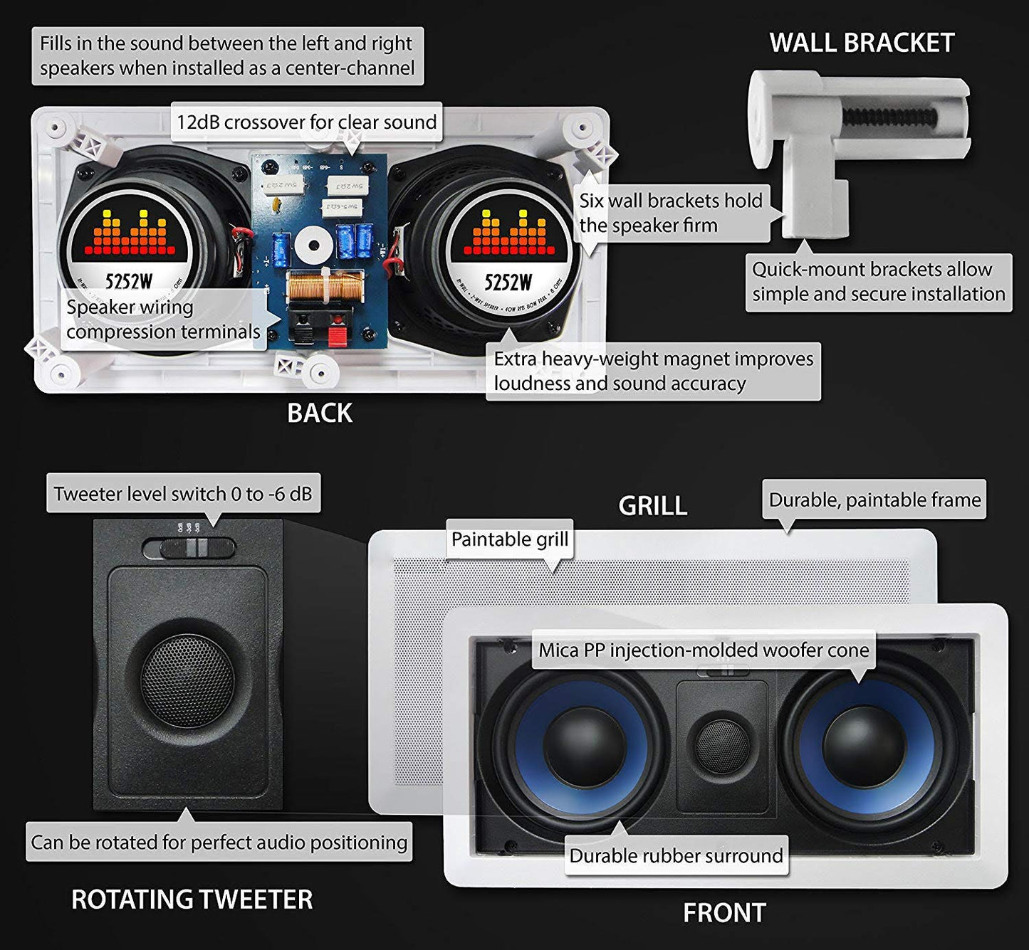 5252W Silver Ticket In-Wall In-Ceiling Speaker with Pivoting Tweeter (Dual 5.25 Inch in-wall Center Channel)