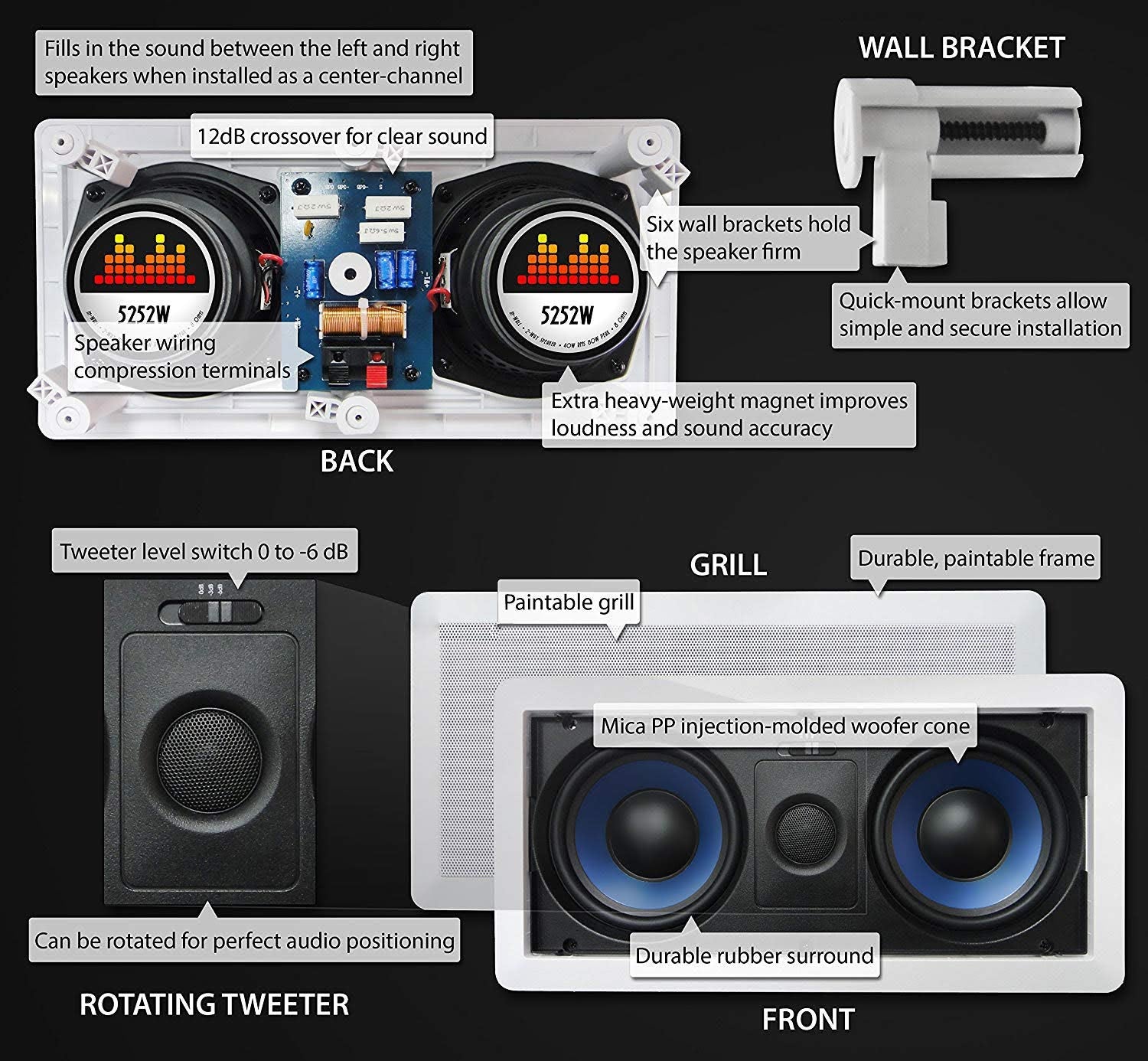 5252W Silver Ticket In-Wall In-Ceiling Speaker with Pivoting Tweeter (Dual 5.25 Inch in-wall Center Channel)