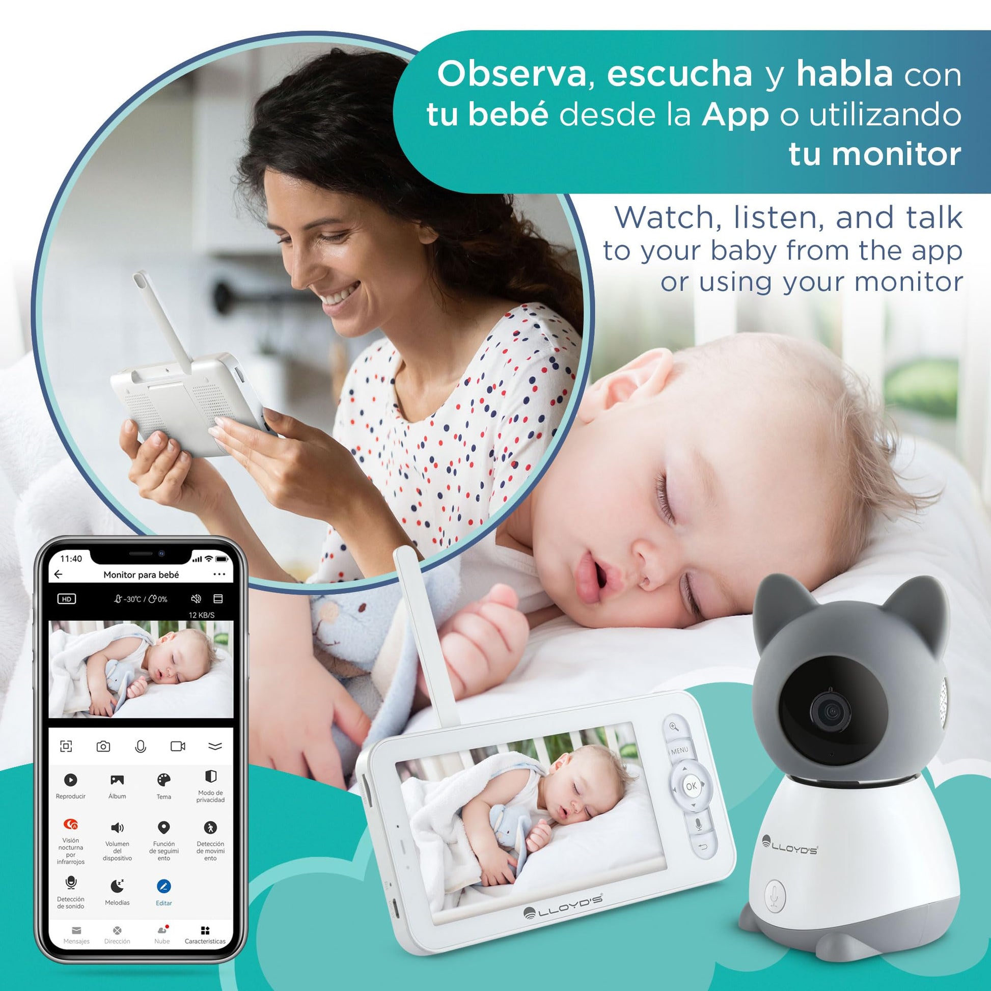 Lloyd's Cámara con Monitor para bebés. Monitoreo y Control Desde su Smartphone. Alertas por detección de Movimiento, de Sonido o por llanto de bebé. 3 melodías de Cuna