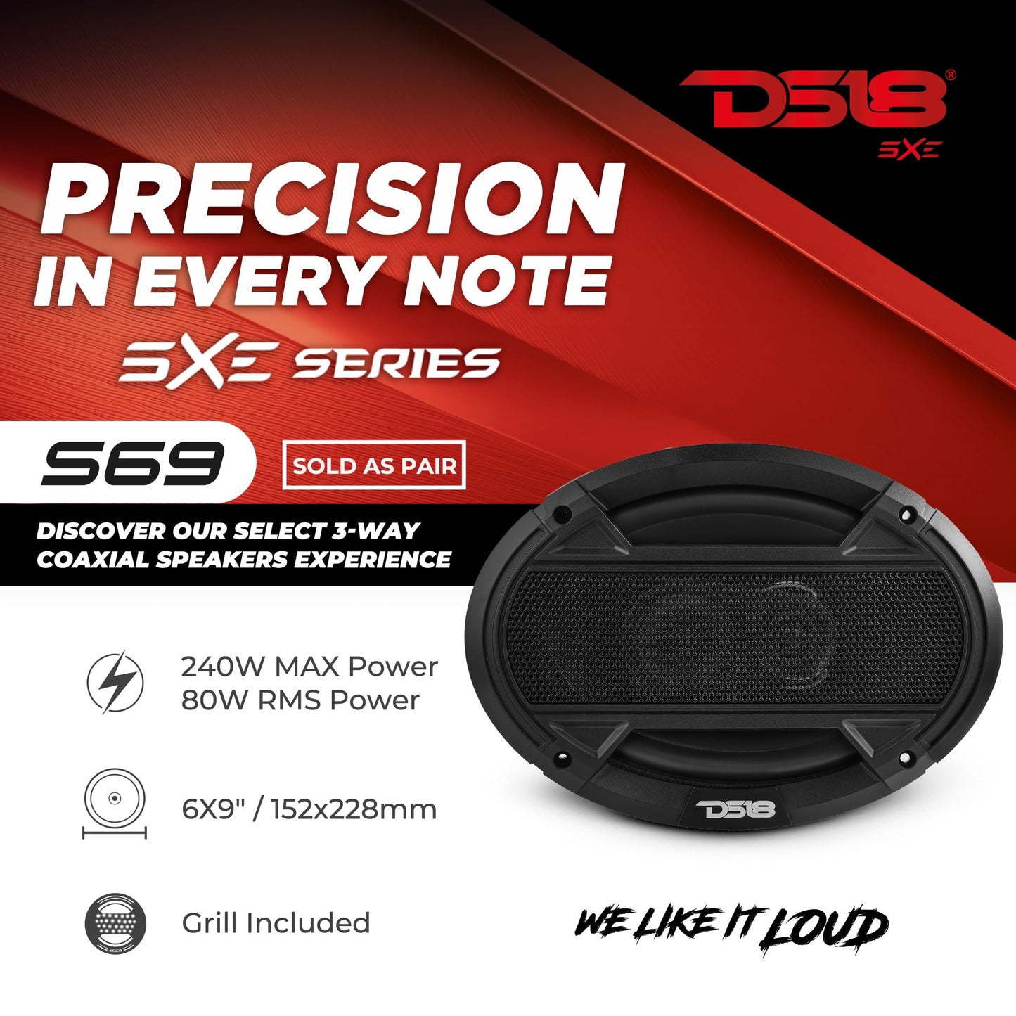DS18 S69 Select - Altavoz coaxial de 3 vías de 6 x 9 240 vatios 4 ohmios, parrilla incluida, altavoces de audio de 3 vías, actualización perfecta del OEM, fácil instalación, altavoces de coche de 6 x