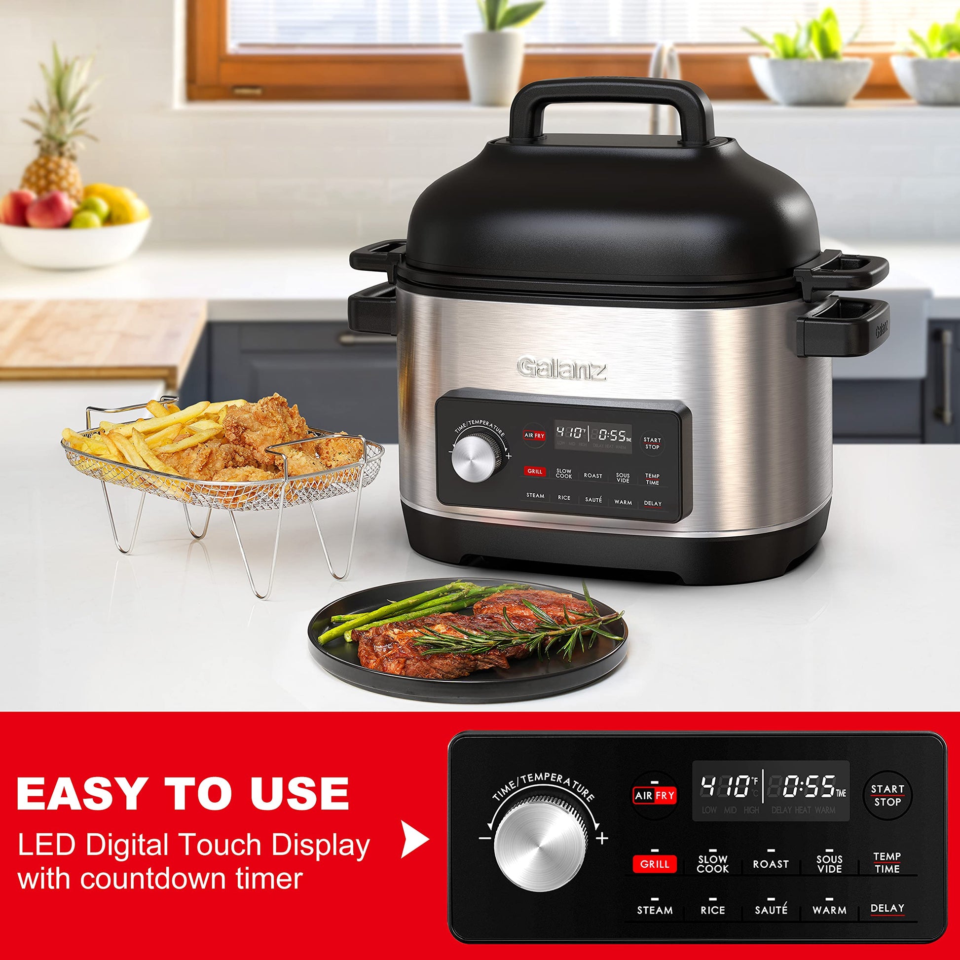 Galanz Cocina múltiple 8 en 1 con freír al aire, al aspiradora, arroz, saltear, cocción lenta, vapor, asado y parrilla, tazón extraíble de 8 cuartos de galón, 8 programas preestablecidos, acero inoxidable