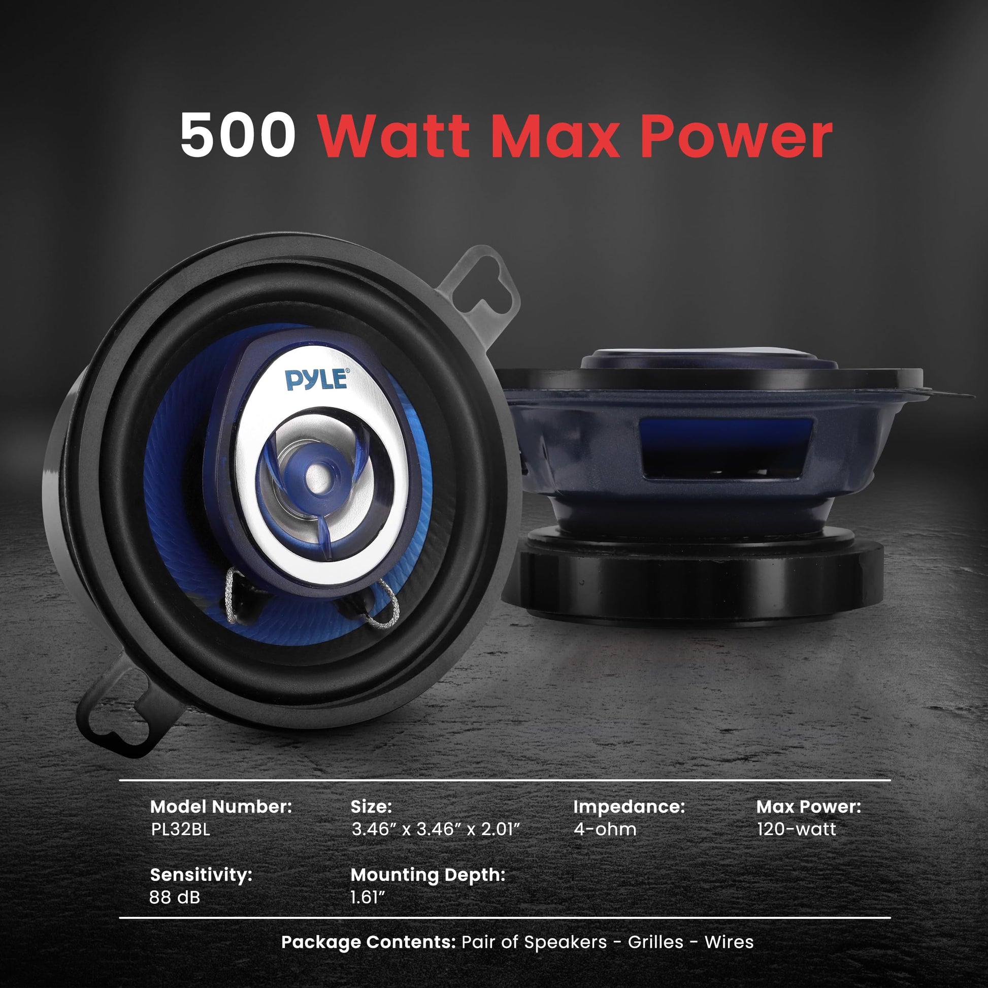 Altavoces Estéreo de Coche PYLE Azul Universales de 2 Vías 120 W 3.5 Pulgadas