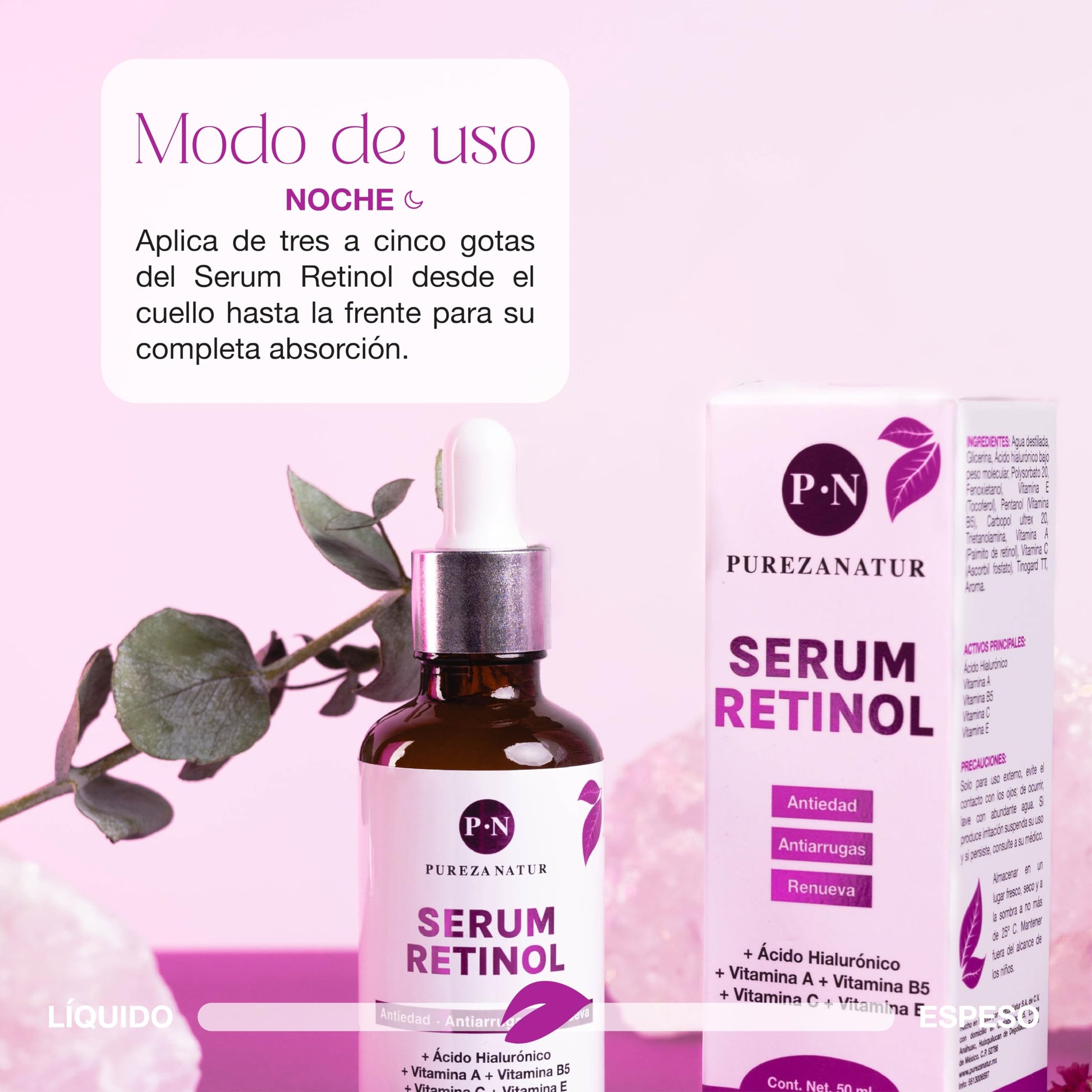 PUREZA NATUR Serum Retinol + Vitaminas A, B5, E, C + Acido hialuronico facial hidratante y reparador | Suero Reductor de líneas de expresión e imperfecciones en la piel 50ml
