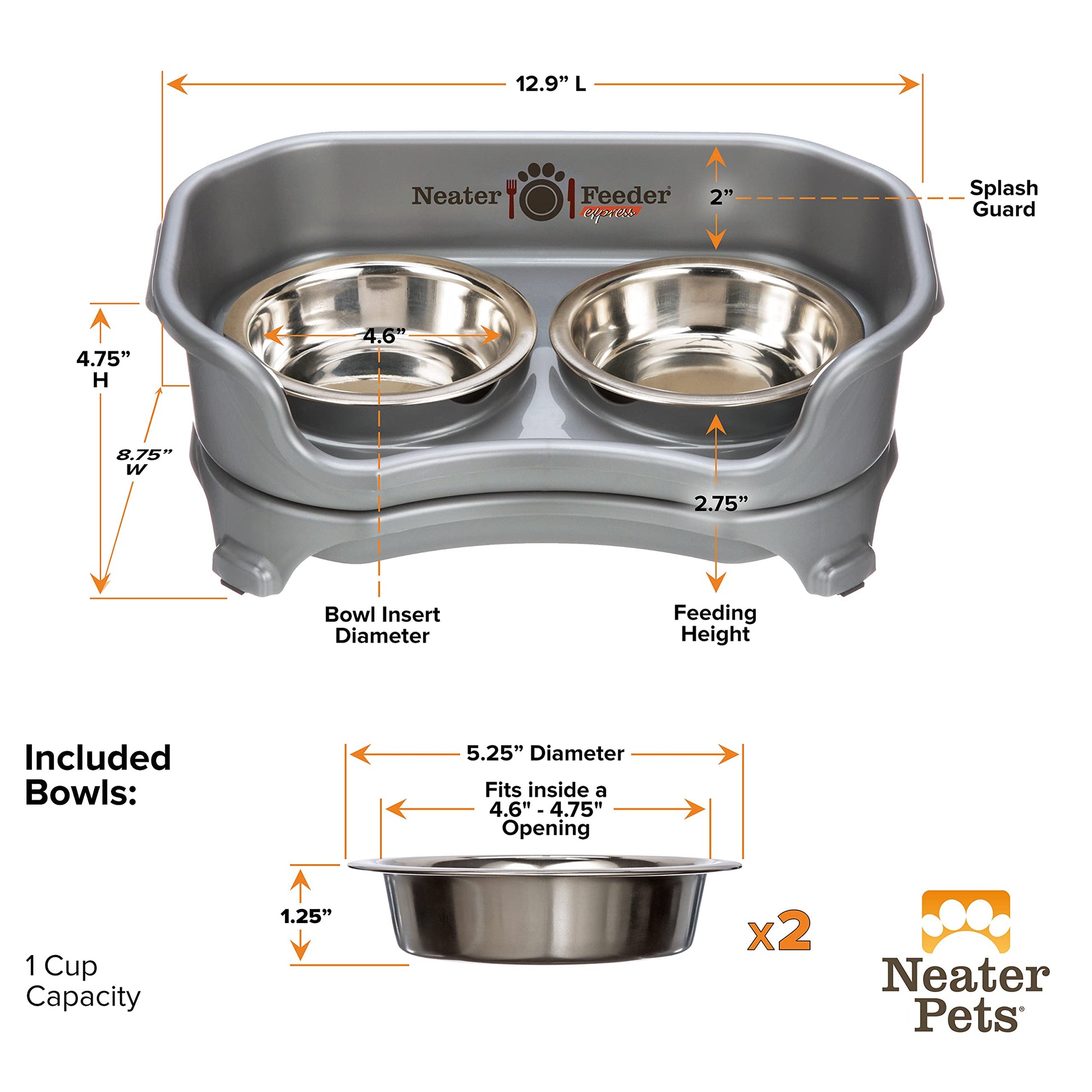 Comedero Neater Feeder Plomizo con Cuencos de Acero Inoxidable y Antideslizantes para Gato