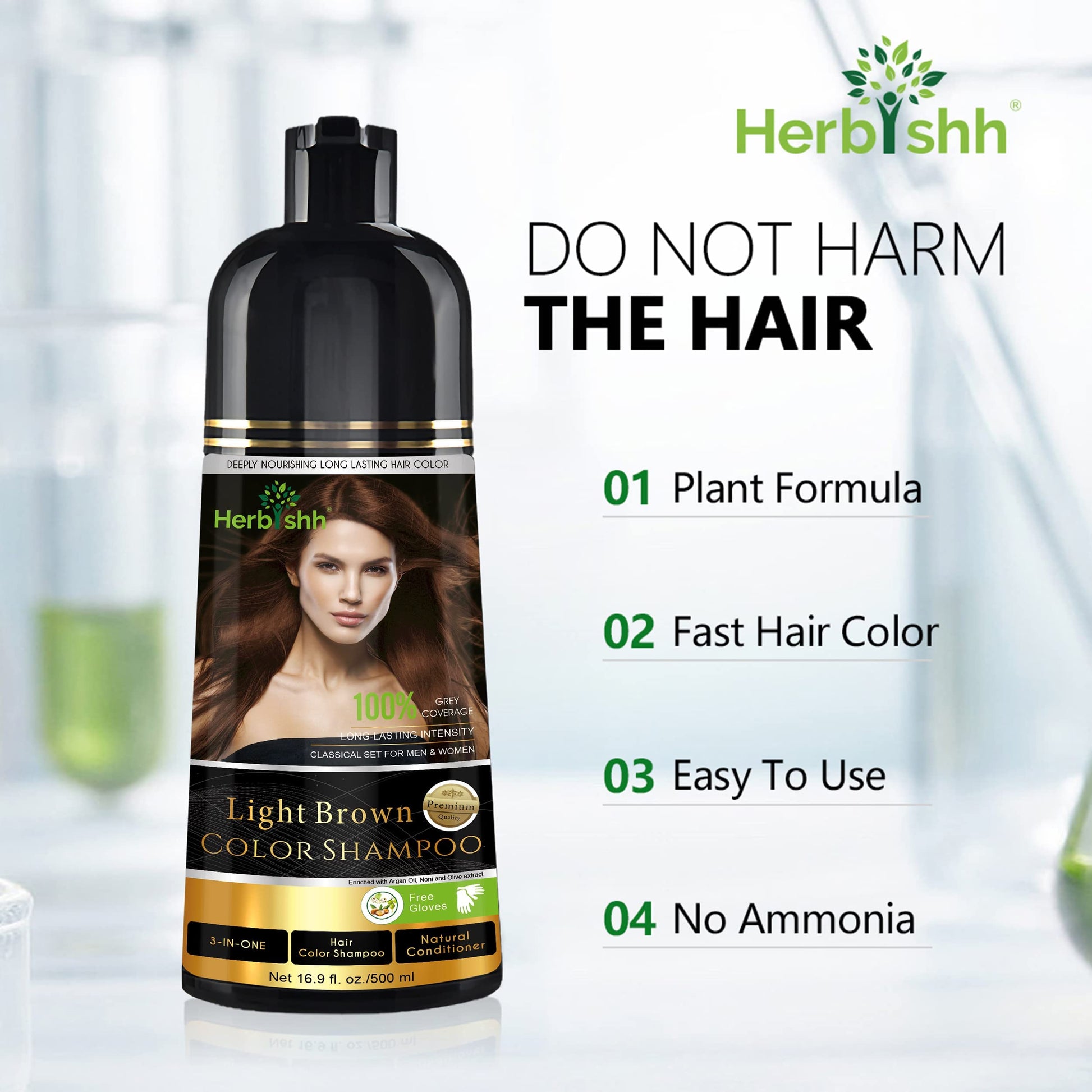 Herbishh - Champú colorante para cabello gris, champú con tinte natural para el cabello, colorea el cabello en minutos, dura hasta de 3 a 4 semanas, 500 ml, tinte de cabello 3 en 1, sin amoniaco | (marrón claro)