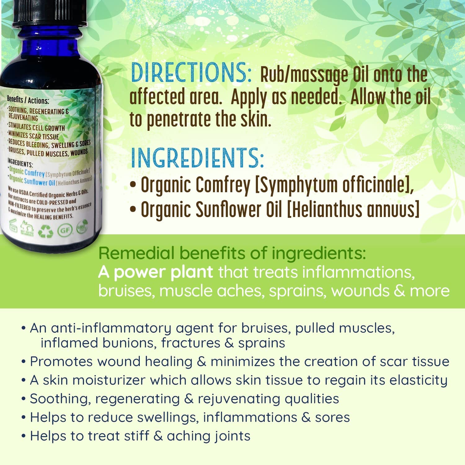Aceite Orgánico de Consuelda: Regeneración Celular y Reparación de Heridas - Antiinflamatorio Natural para Piel y Cicatrices.