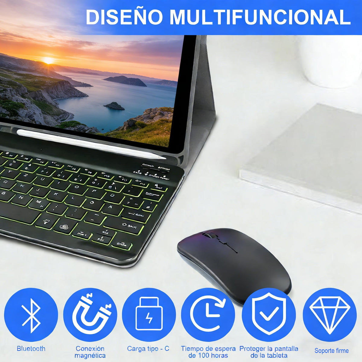 Funda Teclado Español CAVIGLTE Negro Retroiluminado 7 Colores con Ratón para Samsung Galaxy Tab A9+ A11+