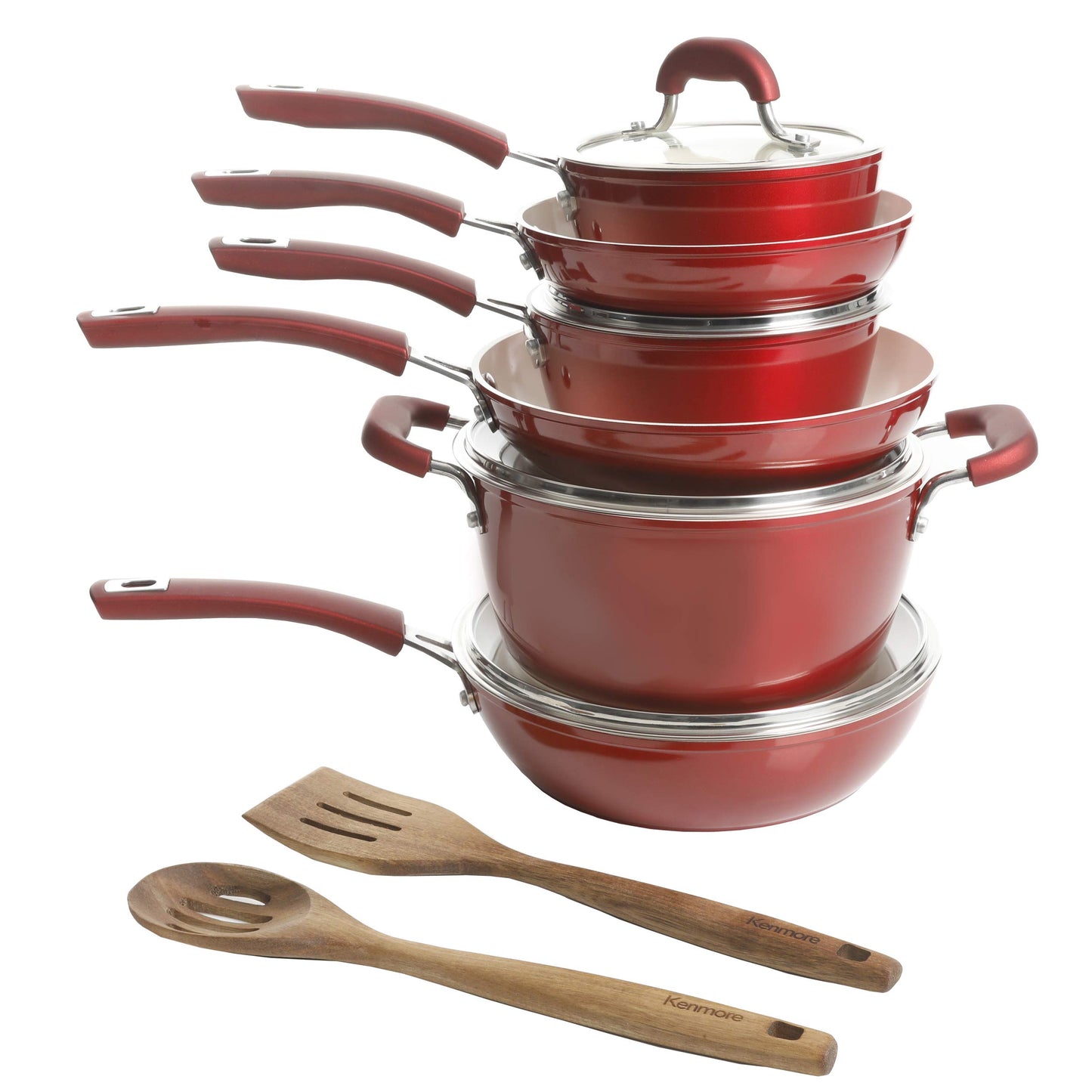 Kenmore Arlington Healthy antiadherente cerámica recubierta de aluminio forjado utensilios de cocina, 12 piezas, color rojo metálico