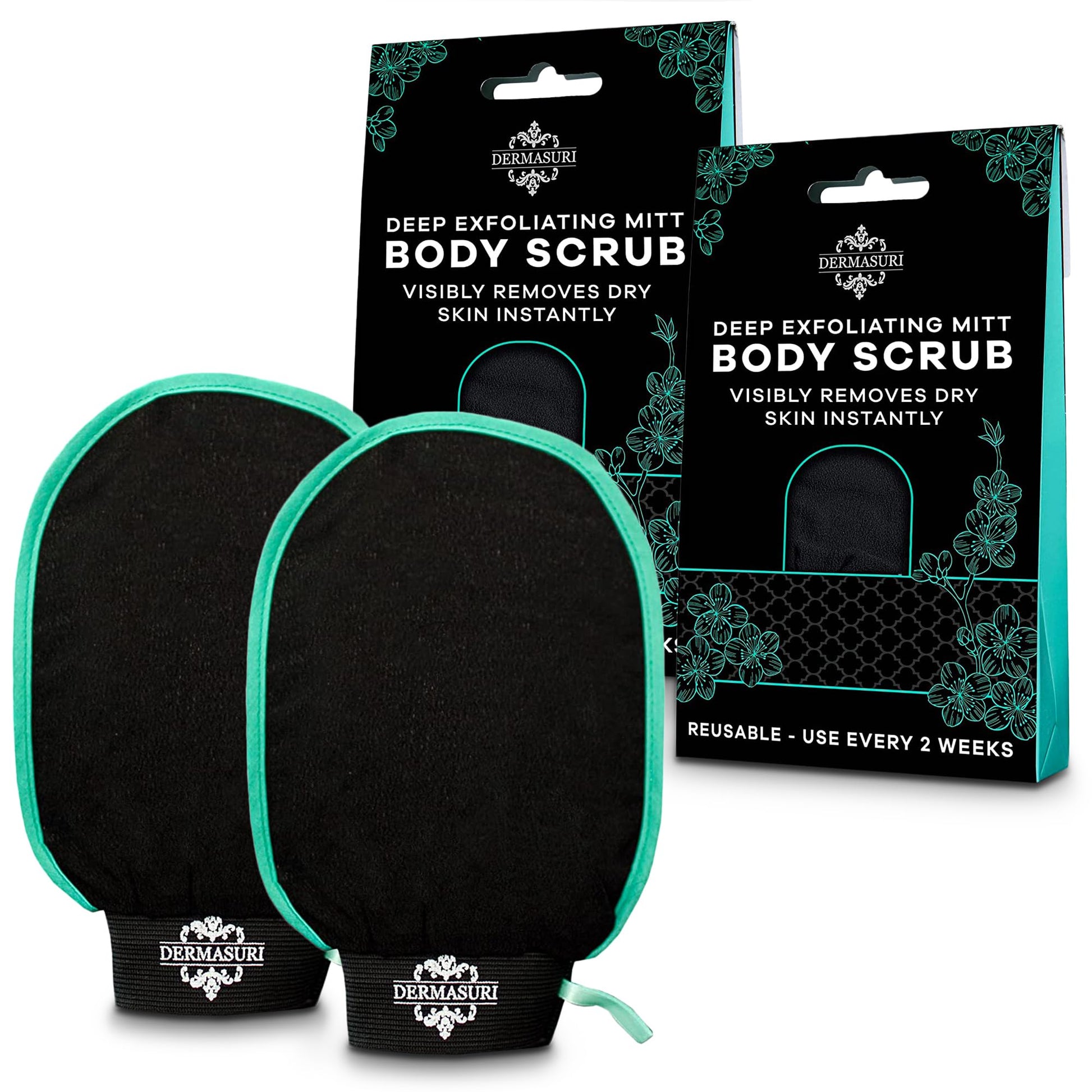 Dermasuri Deep Exfoliating Mitt Body Scrub - Exfoliating Glove Body Scrubber & Skin Cleanser - Body Scrub Gloves for Women & Men - Skin Exfoliator for Body Tool Remover of Dead & Dry Skin Pack of 2