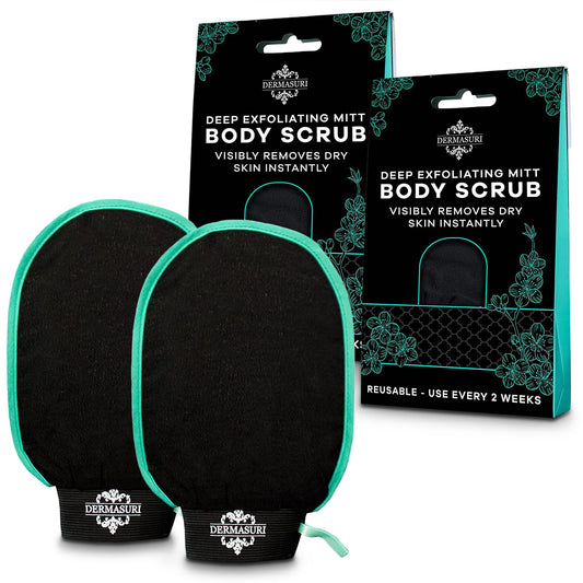 Dermasuri Deep Exfoliating Mitt Body Scrub - Exfoliating Glove Body Scrubber & Skin Cleanser - Body Scrub Gloves for Women & Men - Skin Exfoliator for Body Tool Remover of Dead & Dry Skin Pack of 2