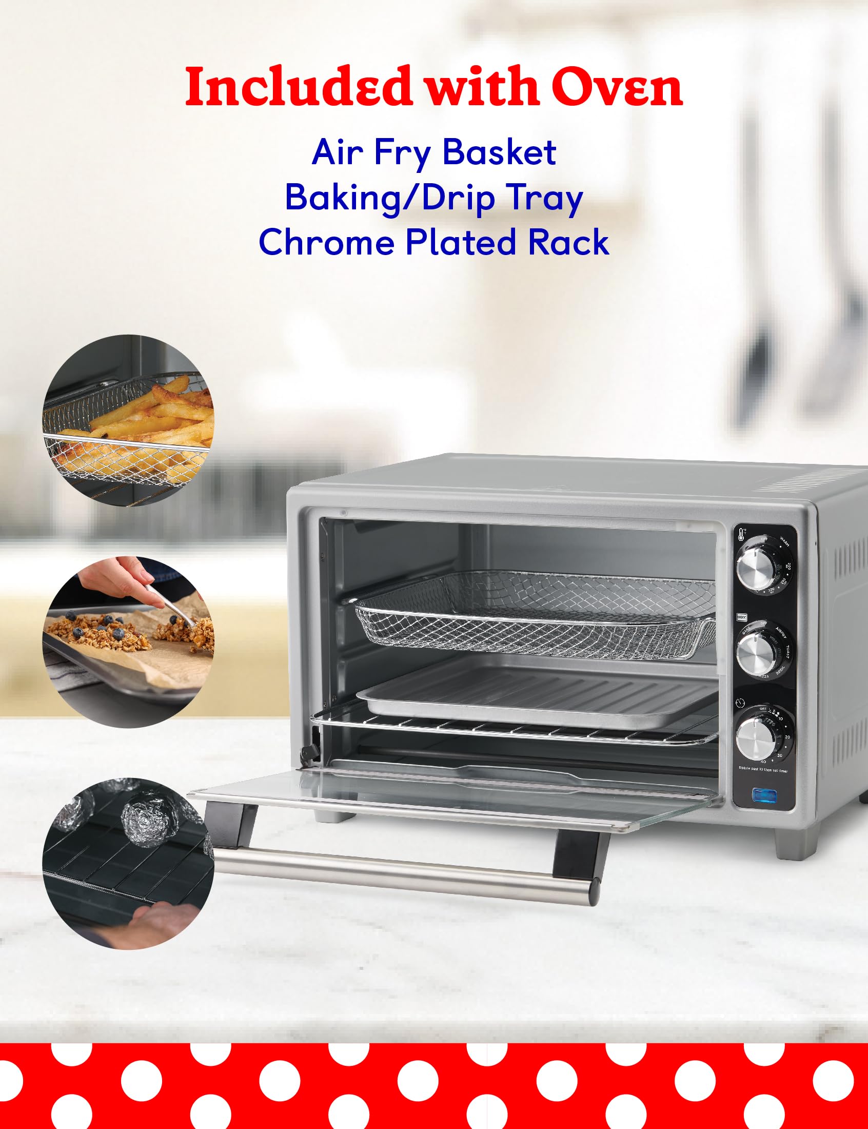 Betty Crocker - Horno tostador de convección, tostador multifunción de 6 rebanadas y horno freidora de aire, 0.8 Cu. Horno tostador Airfryer de capacidad de 6 pies, horno de convección de 7 funciones,