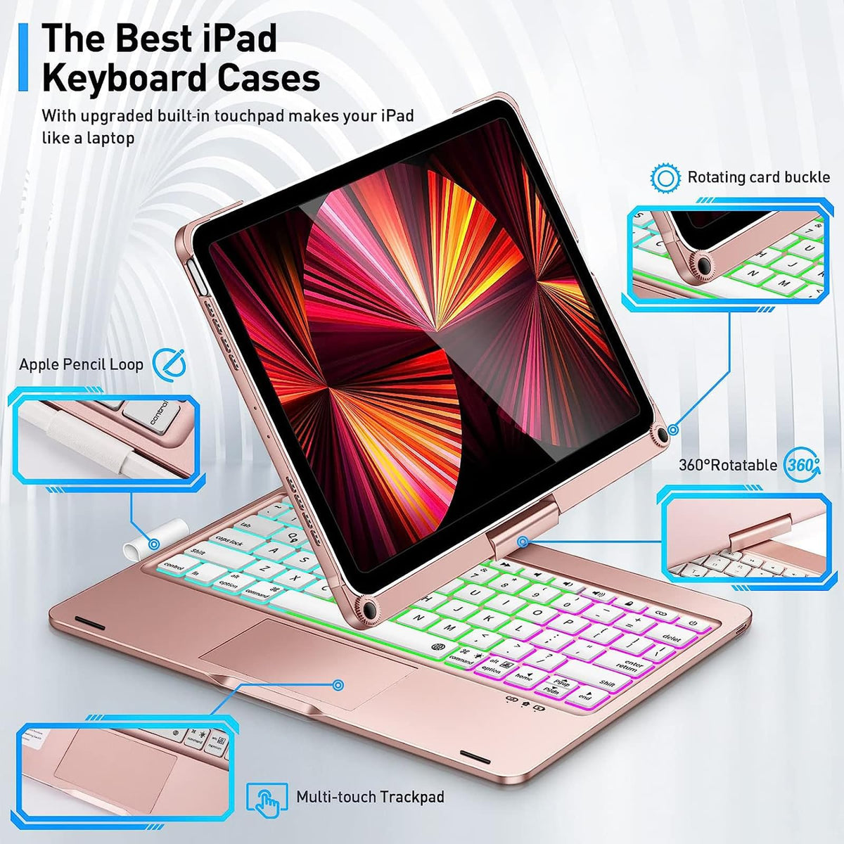 Funda con Teclado zienstar Rosa Rotación 360° con Retroiluminado y Trackpad para iPad Air 11" M2/M3/M4 y iPad Pro 11"