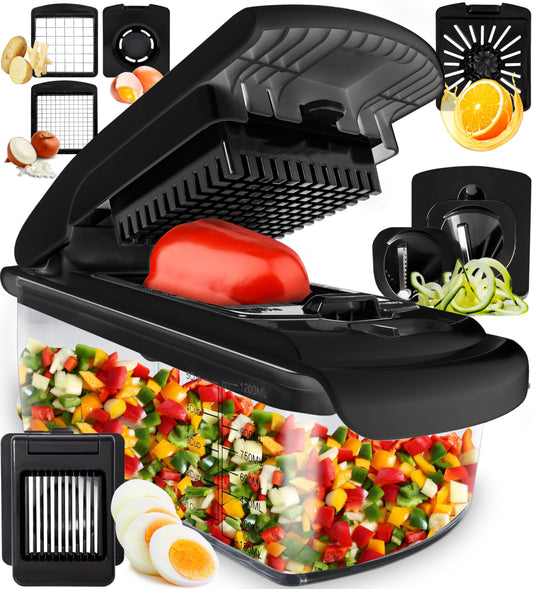 Fullstar - Picador de verduras y espiralizador - Picador de alimentos con contenedor, rebanador de frutas, utensilios de cocina y accesorios, esenciales para el hogar (8 en 1, negro)