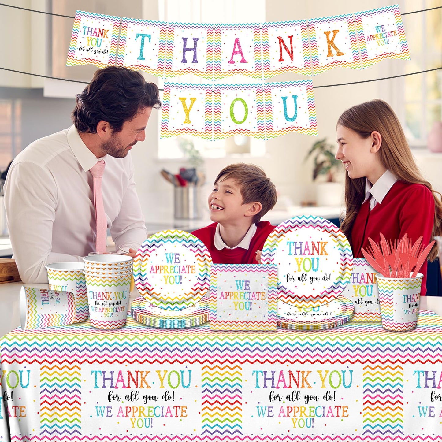 Juego de Platos y Servilletas de Decoración de Fiesta Agradecimiento con Tazas Desechables, Tenedores y Mantel para Empleados, Maestros, Médicos, Padres