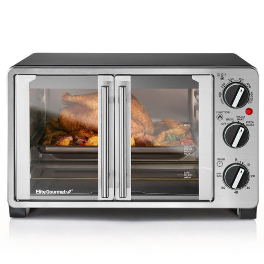 Elite Gourmet ETO2530M - Horno tostador de doble puerta francesa, hornear, asar, tostar, mantener el calor, se adapta a pizza de 12 pulgadas, capacidad de 25 l, acero inoxidable y negro