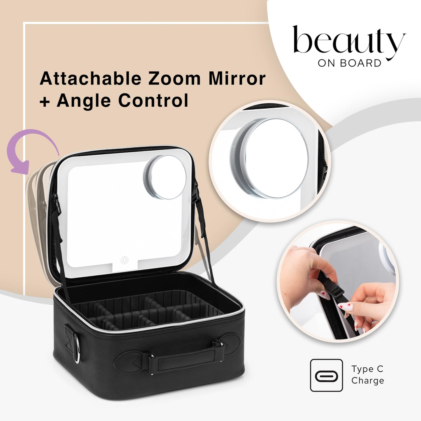 BeautyOnBoard - Bolsa de maquillaje con espejo LED, funda de maquillaje de piel sintética, 3 niveles de brillo ajustables, estuche cosmético iluminado con espejo, divisores, organizador de viaje