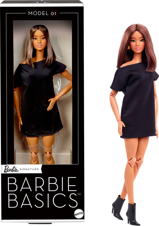 Barbie Basics - Muñeca coleccionista Modelo 01 con Pelo Moreno, Mini Vestido y Zapatos Negro, Moda de Ajuste Universal, Cuerpo Posible y Cabeza de muñeca Intercambiable