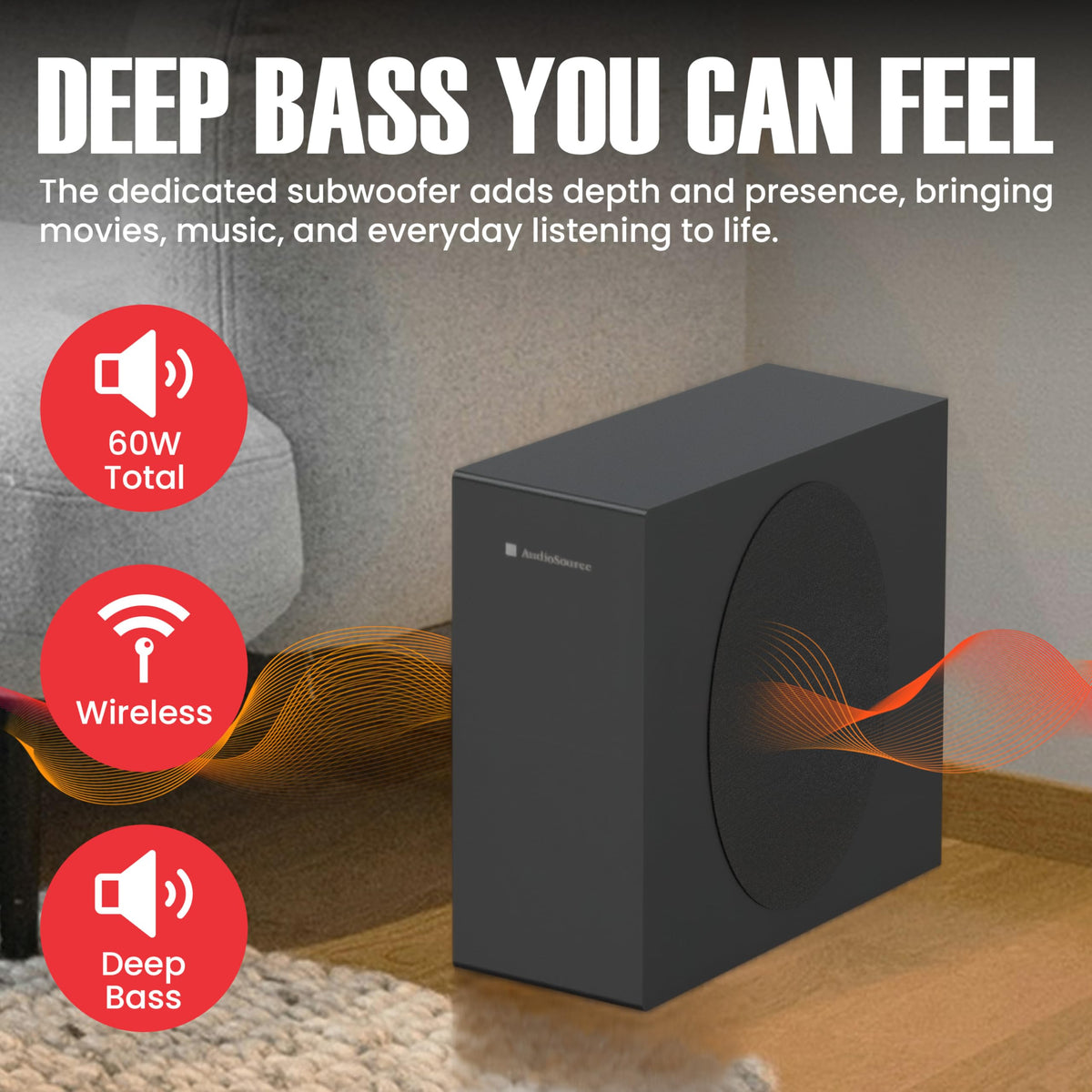 Barra de Sonido Audiosource Negra con Subwoofer Inalámbrico y Dolby Atmos para Smart TV
