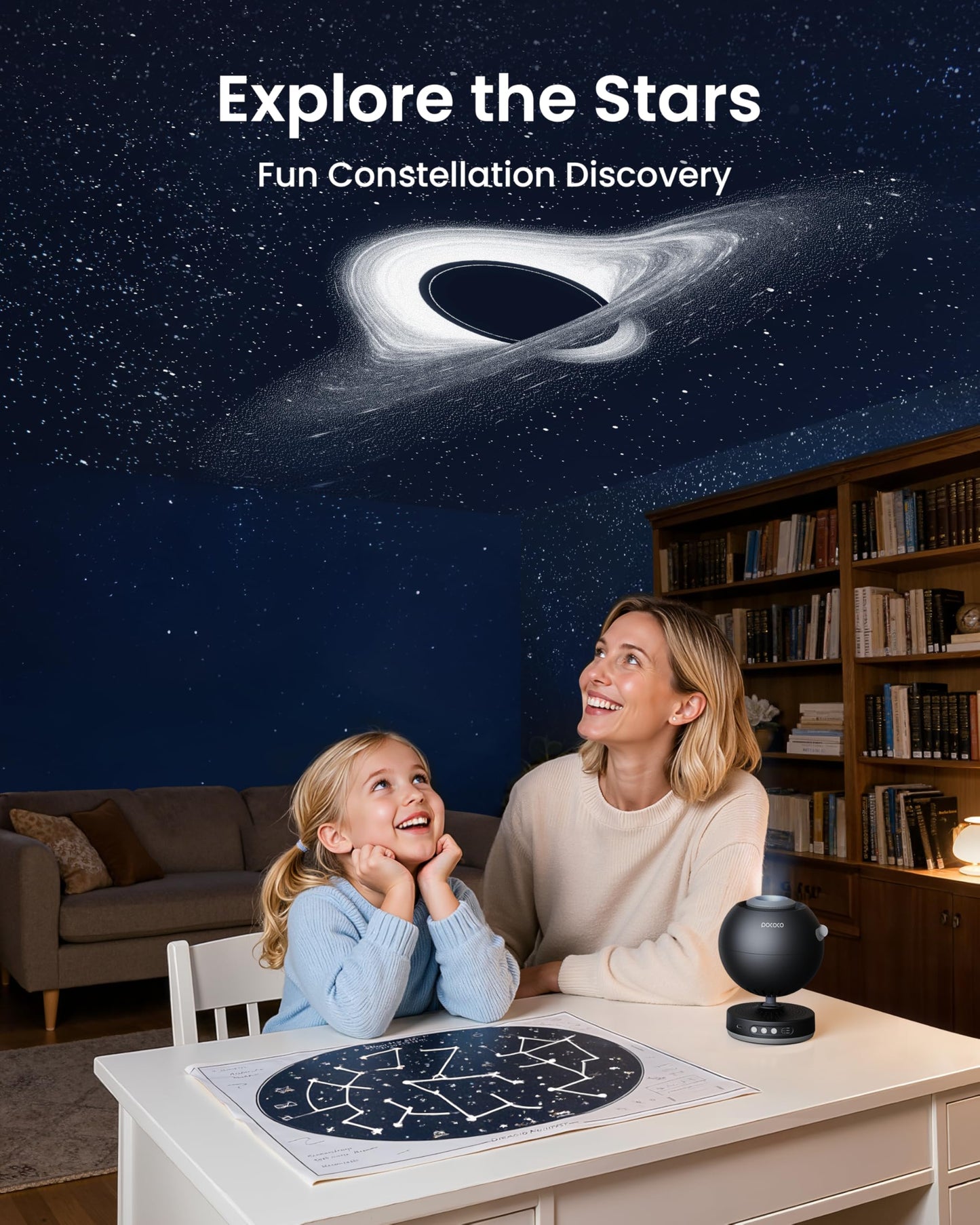 POCOCO Proyector Galaxy para dormitorio con discos de película óptica reemplazables, proyector de estrella del hogar con lente de alta definición, proyector de luz Galaxy para relajarse, estudiar y