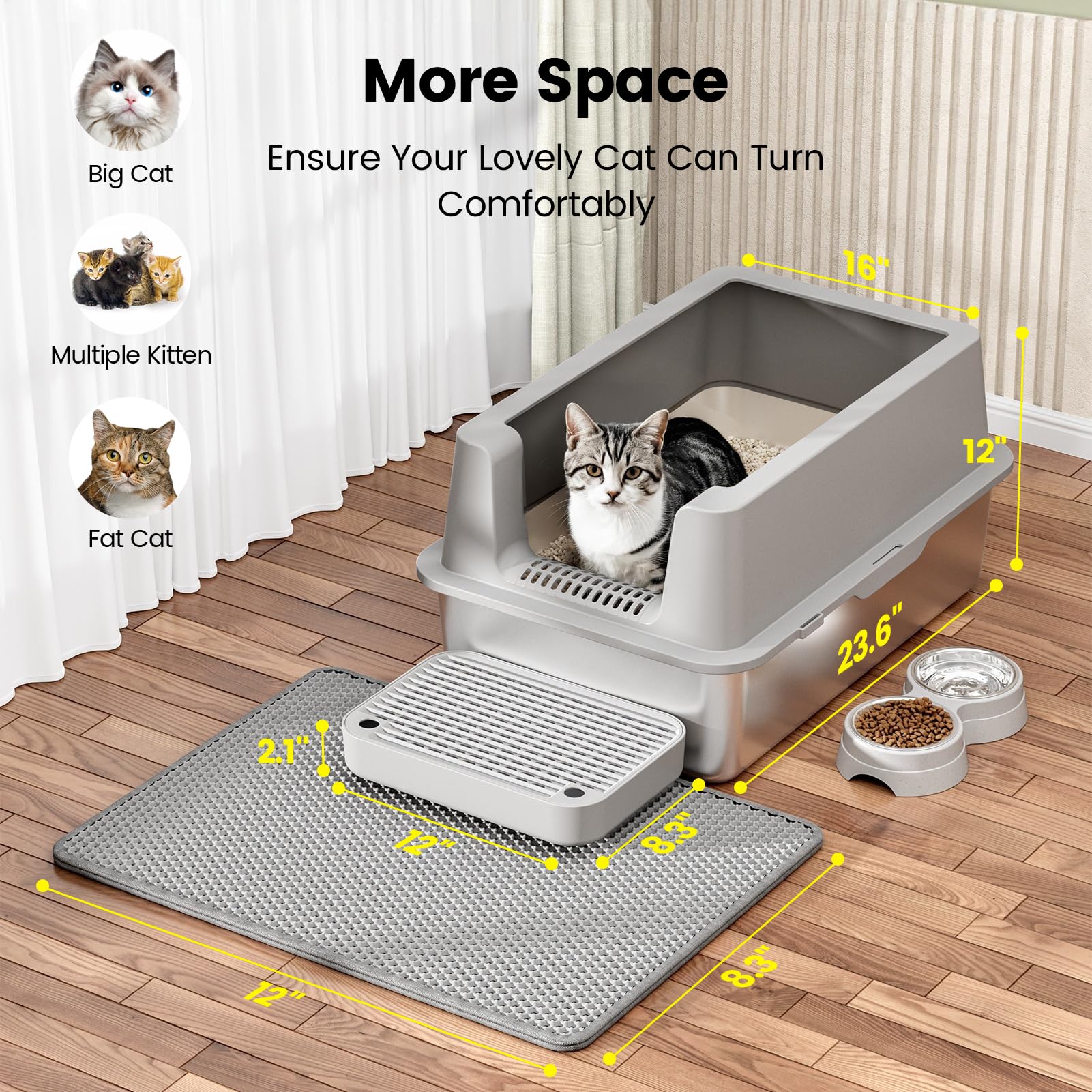 Caja de arena de acero inoxidable para gatos – Caja de arena cerrada con tapa XL extragrande de metal para gatos grandes, caja de arena de gatito de alta cara antifugas, fácil limpieza, antiadherente,