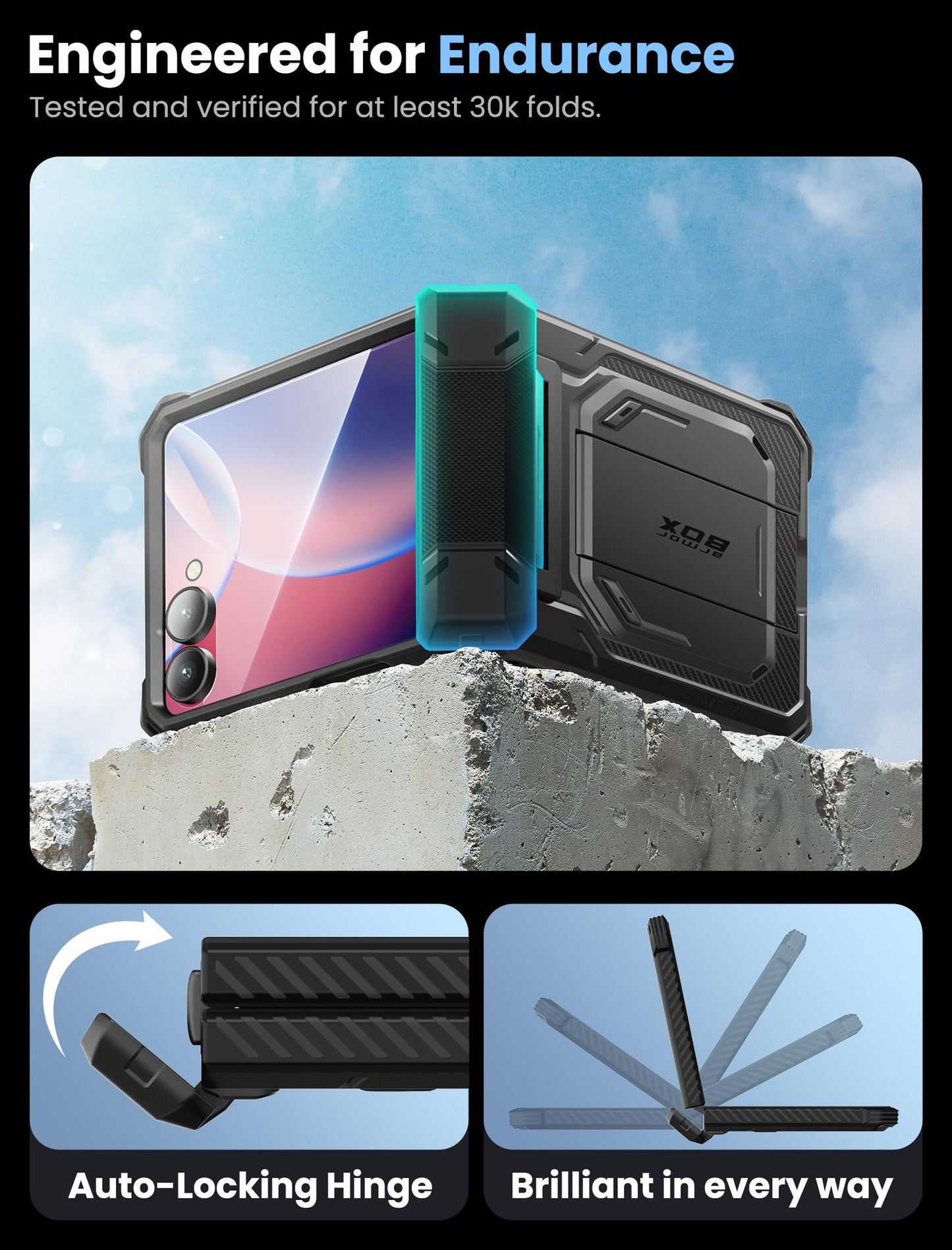 i-Blason Funda para Samsung Galaxy ZFlip 7 [Armorbox] Carcasa con Protector de Pantalla de Vidrio Templado [Protección Militar] Resistente Case con Soporte y Clip para Cinturón - Negro