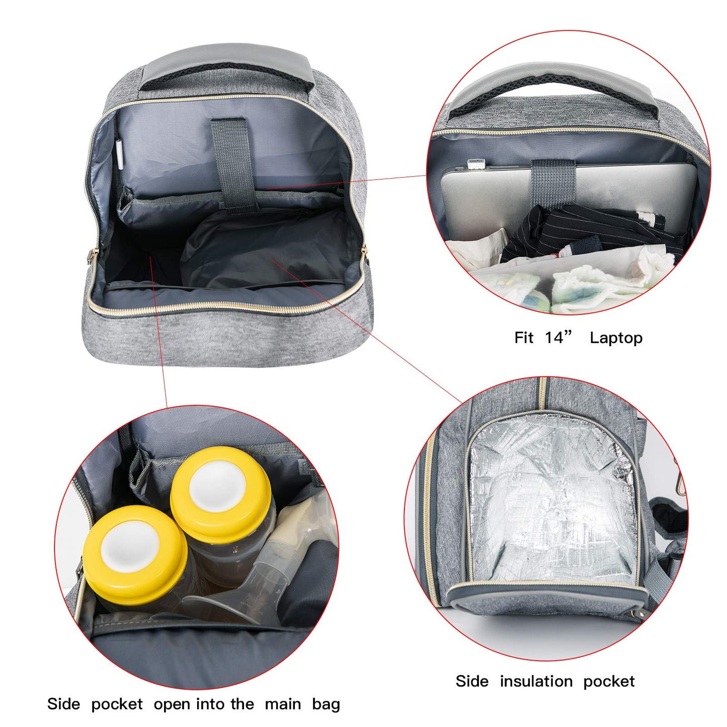 Mochila de extracción de leche para pañales, mochila multifunción para trabajo al aire libre con bolsillo aislante, gris, L