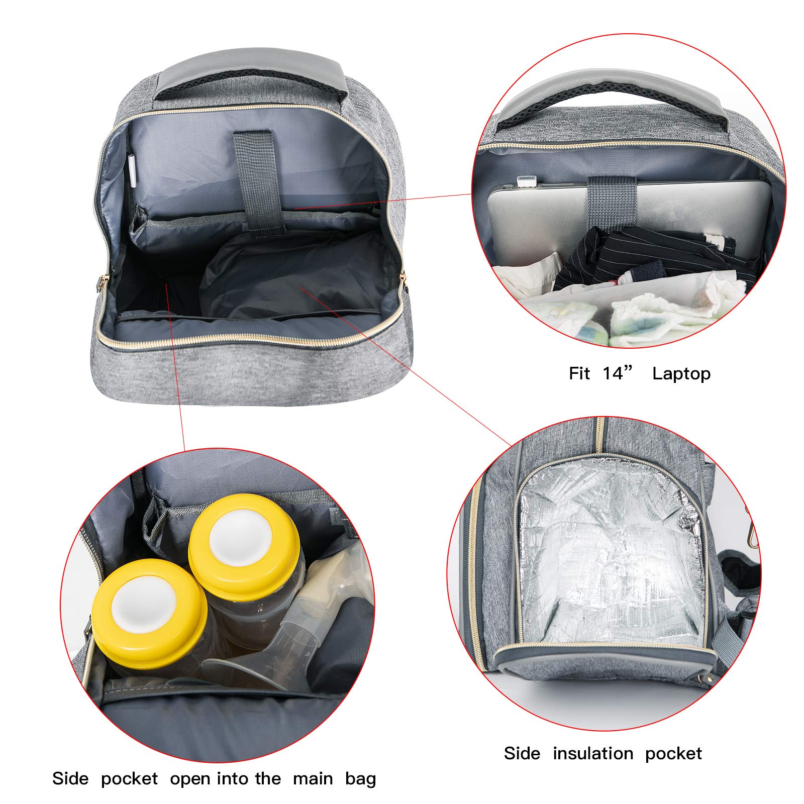 Mochila de extracción de leche para pañales, mochila multifunción para trabajo al aire libre con bolsillo aislante, gris, L