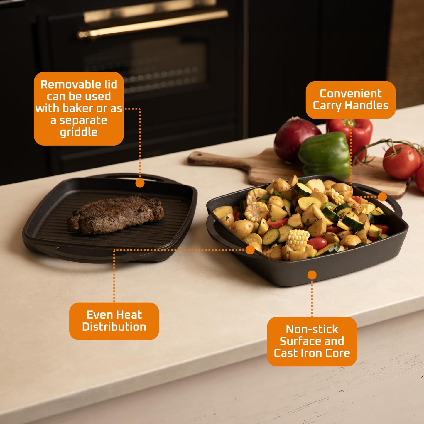 Bruntmor 2 en 1 presazonada de hierro fundido para horno y parrilla holandés con asas duales, cacerola cuadrada antiadherente de 11 pulgadas con tapa, utensilios de cocina de hierro fundido para