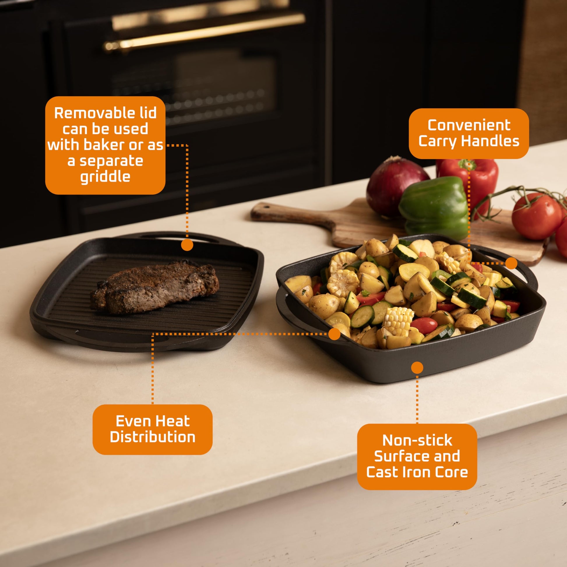 Bruntmor 2 en 1 presazonada de hierro fundido para horno y parrilla holandés con asas duales, cacerola cuadrada antiadherente de 11 pulgadas con tapa, utensilios de cocina de hierro fundido para