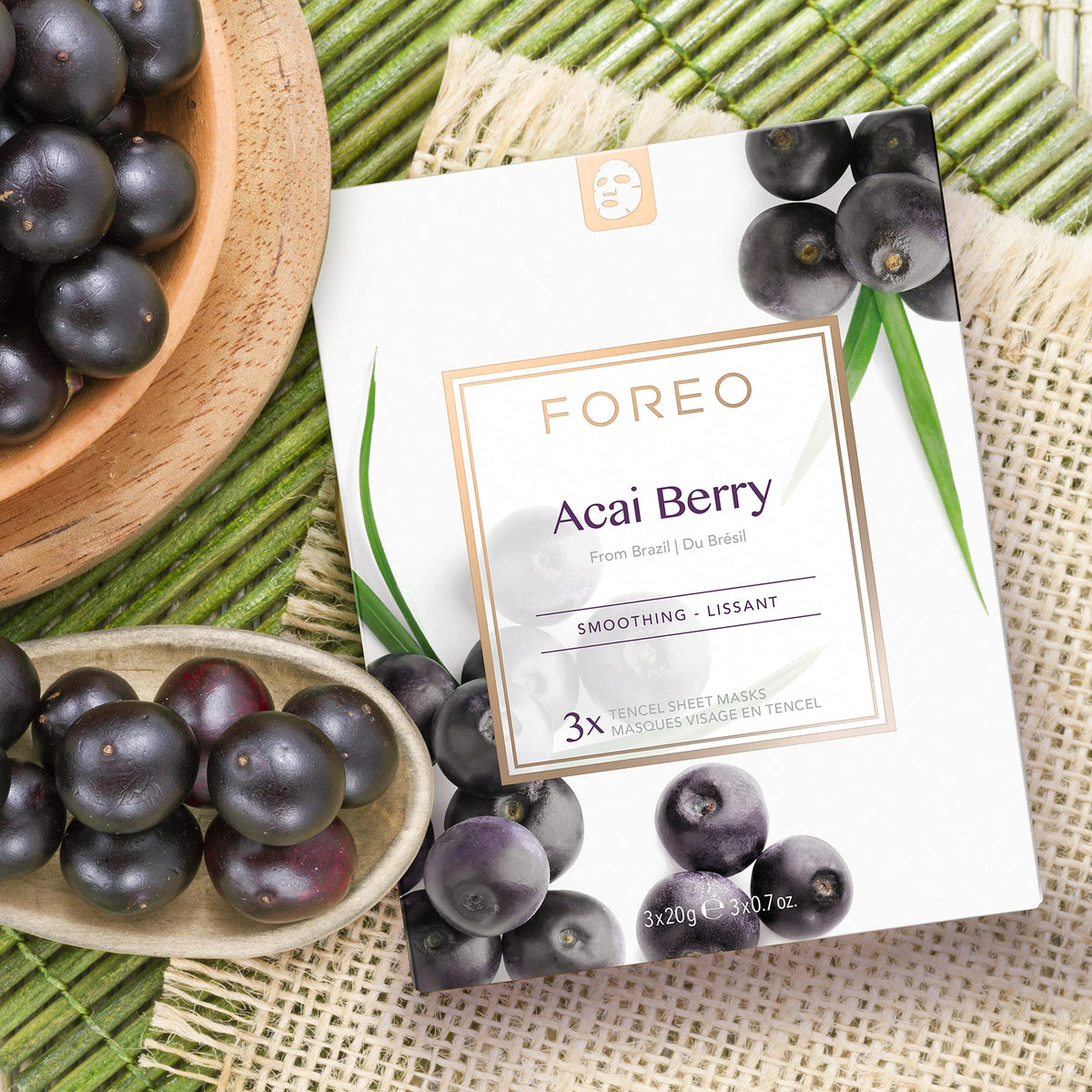 FOREO UFO Acai Berry, mascarilla facial activa para piel seca y envejecida, Pack con 3 unidades, antioxidante, bayas de açai y manteca de karité, cruelty free, compatible con todos los dispositivos UFO
