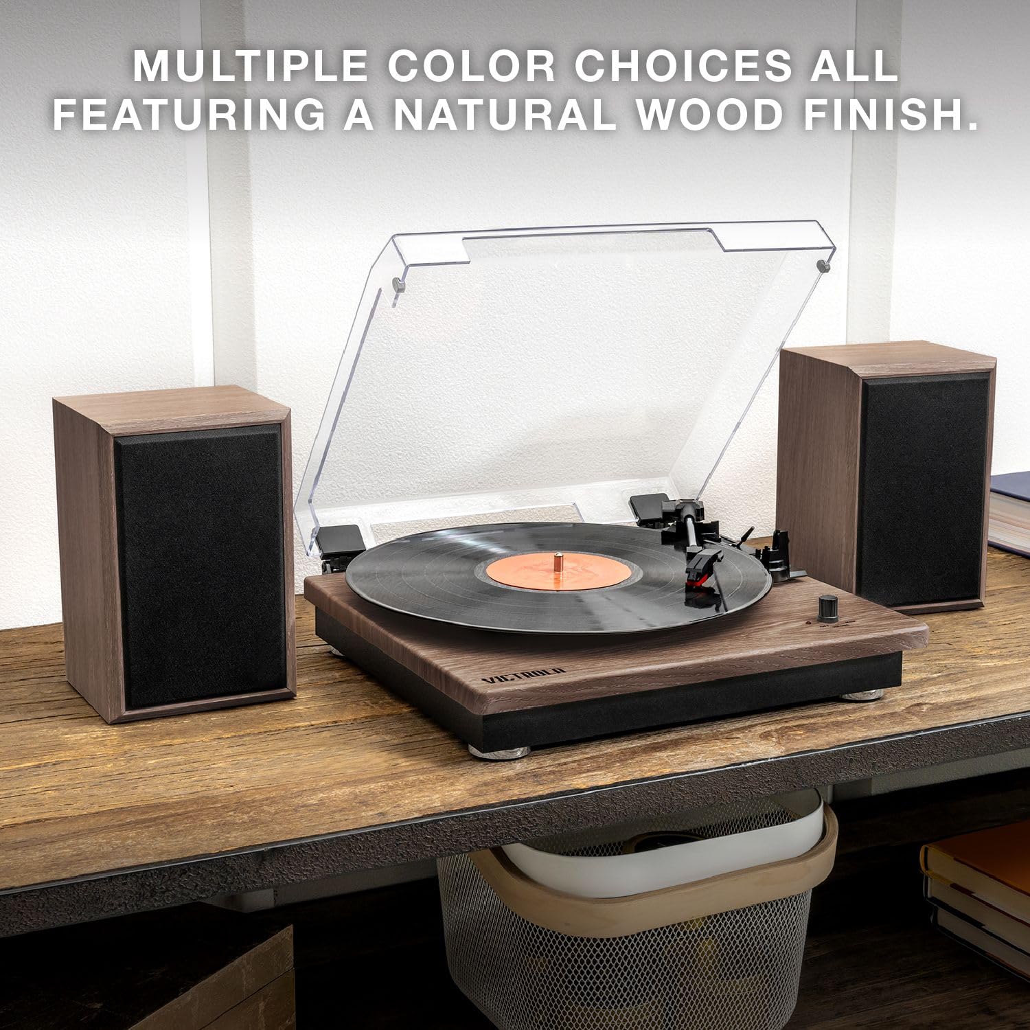 Tocadiscos Victrola Montauk Blanco Madera con Altavoces Bluetooth y Tapa Extraíble