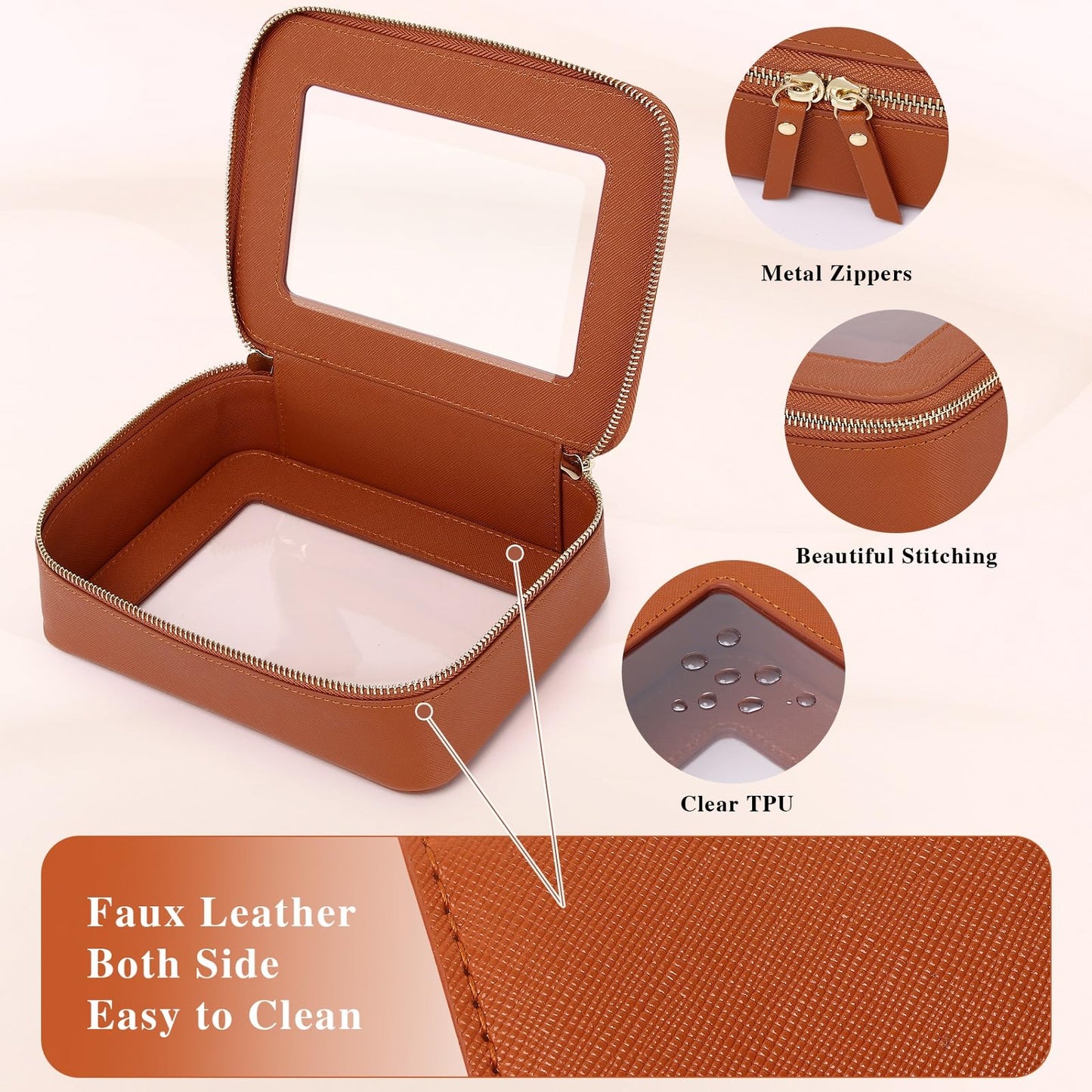 LOFOWN - Bolsa de maquillaje transparente con cierre para mujer, impermeable, bolsa de cosméticos de viaje y neceser, organizador de maquillaje portátil, artículos esenciales para el coche, Marrón, L+