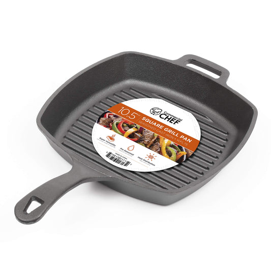 Commercial CHEF Sartén de hierro fundido, cuadrado de 10.5 pulgadas de hierro fundido pre-sazonado