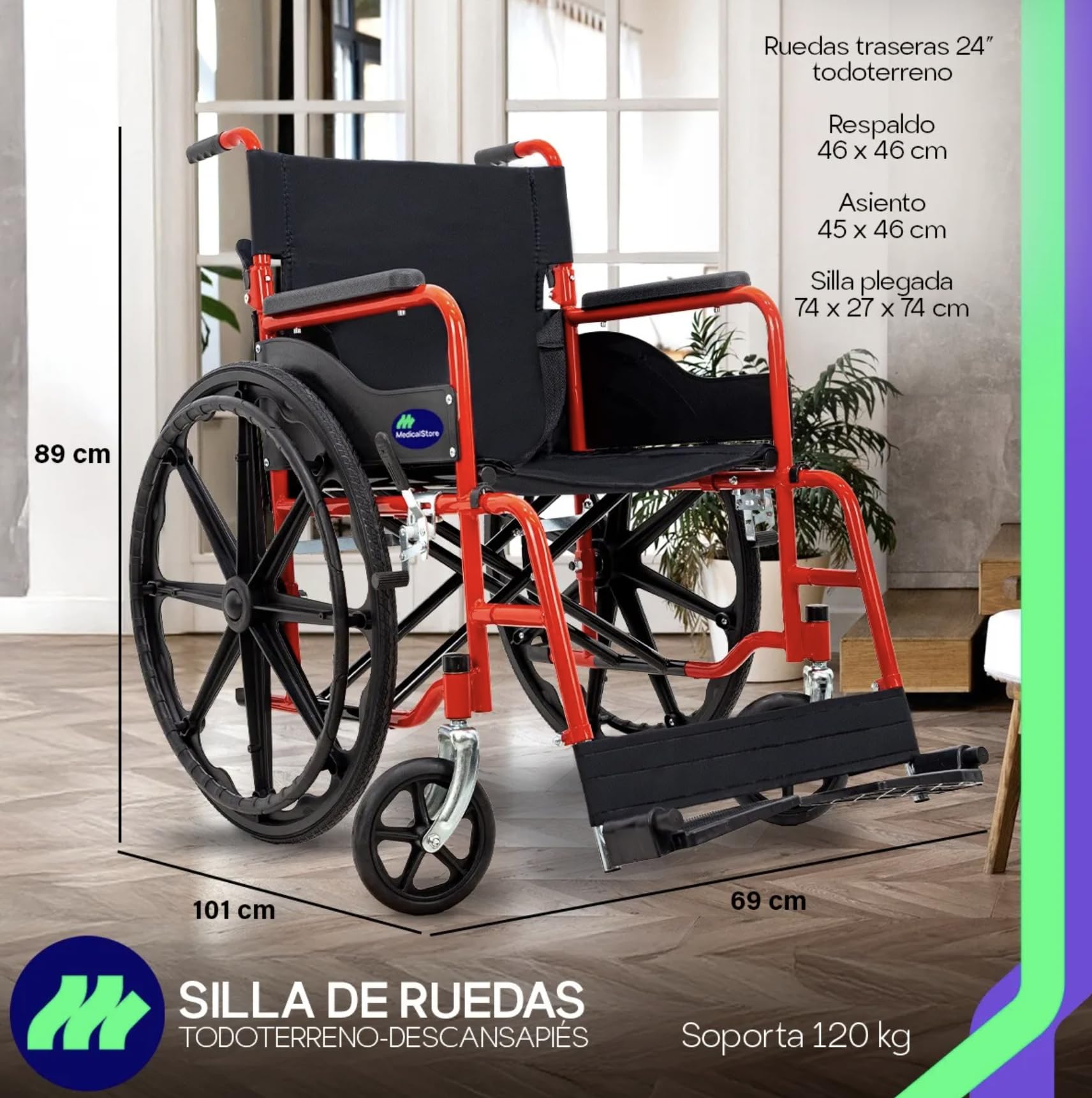 Silla De Ruedas MEDICAL STORE Rojo Todo Terreno Plegable para Adulto Mayor