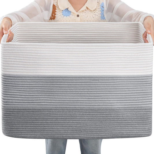 OIAHOMY - Cesta grande de cuerda de algodón de 108 L, cestas tejidas rectangulares para almacenamiento, almacenamiento de mantas para cuarto de bebé y sala de estar, cesta de juguetes con asa - 63,5