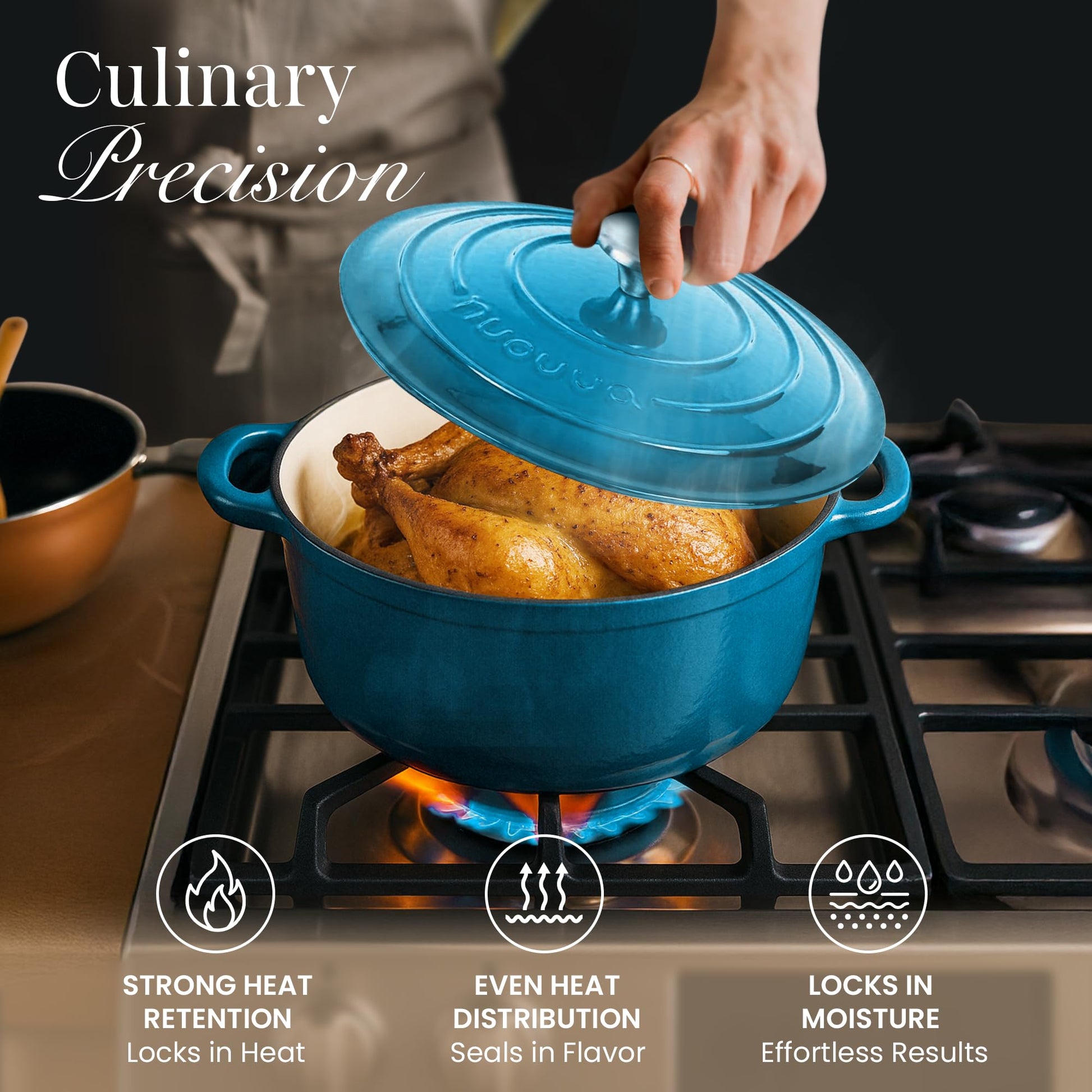 Nuovva - Horno holandés de hierro fundido con tapa - Cacerola esmaltada antiadherente - Utensilios de cocina resistente para horno holandés - Azul, 6.4 cuartos de galón, 28 cm