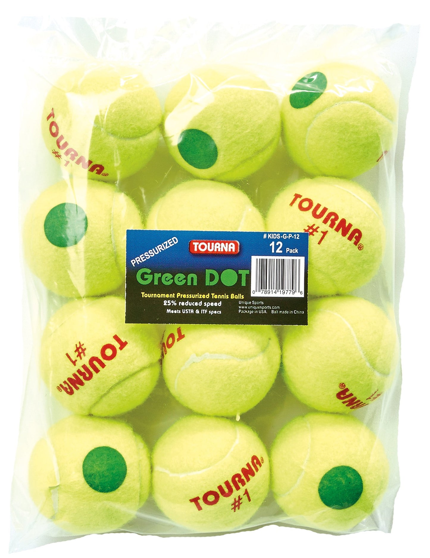 Pelotas de Tenis Tourna Lunar Verde Baja Compresión Paquete de 12