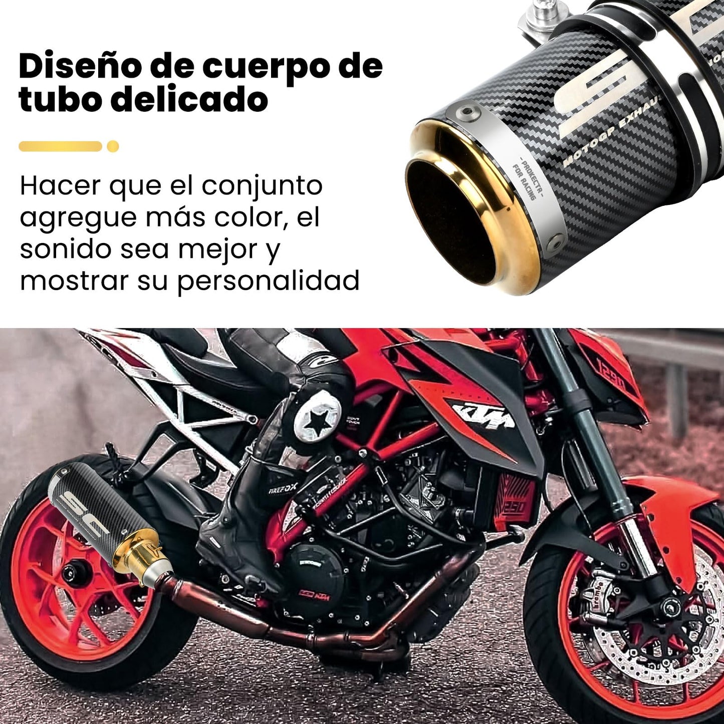 Kayoosi Escape de Moto, Tubos de Silenciador de Escape Universal de 51mm, Tubo de Escape de Acero Inoxidable para Motos, Street Bikes, Dirt Bikes (Fibra de Carbono Dorado)