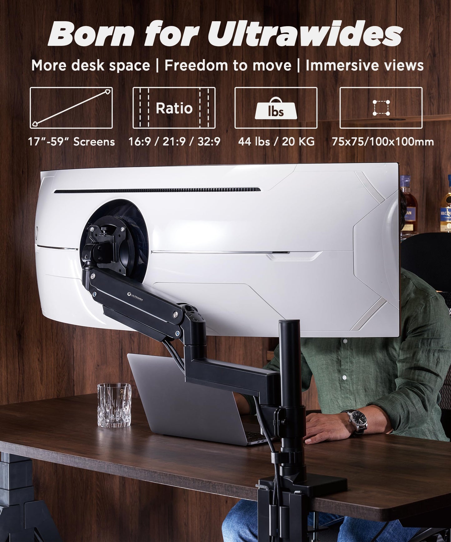 Brazo para Monitor ULTRARM Negro Ajustable Neumáticamente para Monitores Ultrapanorámicos de hasta 57 Pulgadas y 44 Libras